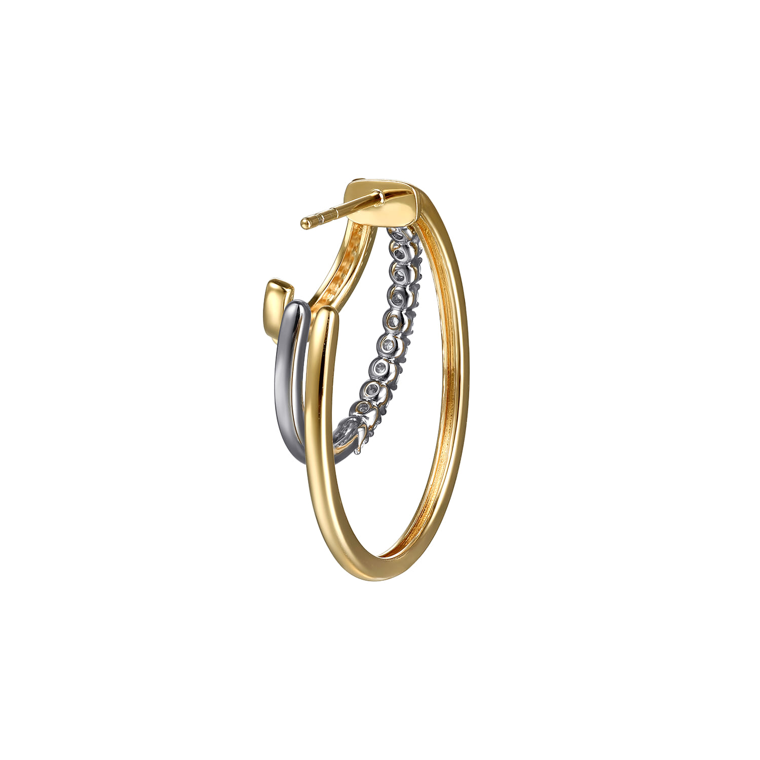Diamond Three Row J Hoop Stud Earrings in 14K White/Yellow Gold, photograph 3