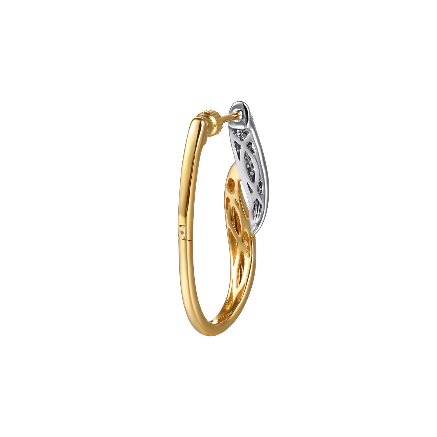 Pave Diamond Bypass Hoop Earrings in 14K White/Yellow Gold, photograph 3