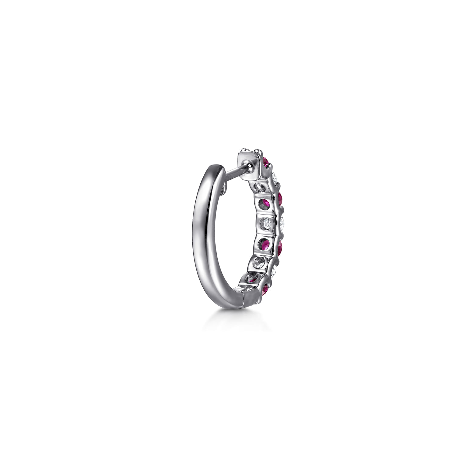 15mm Diamond and Ruby Huggie Earrings in 14K White Gold, photograph 2