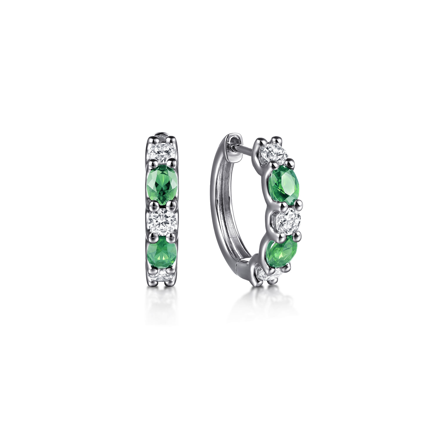 15mm Diamond and Oval Emerald Huggie Earrings