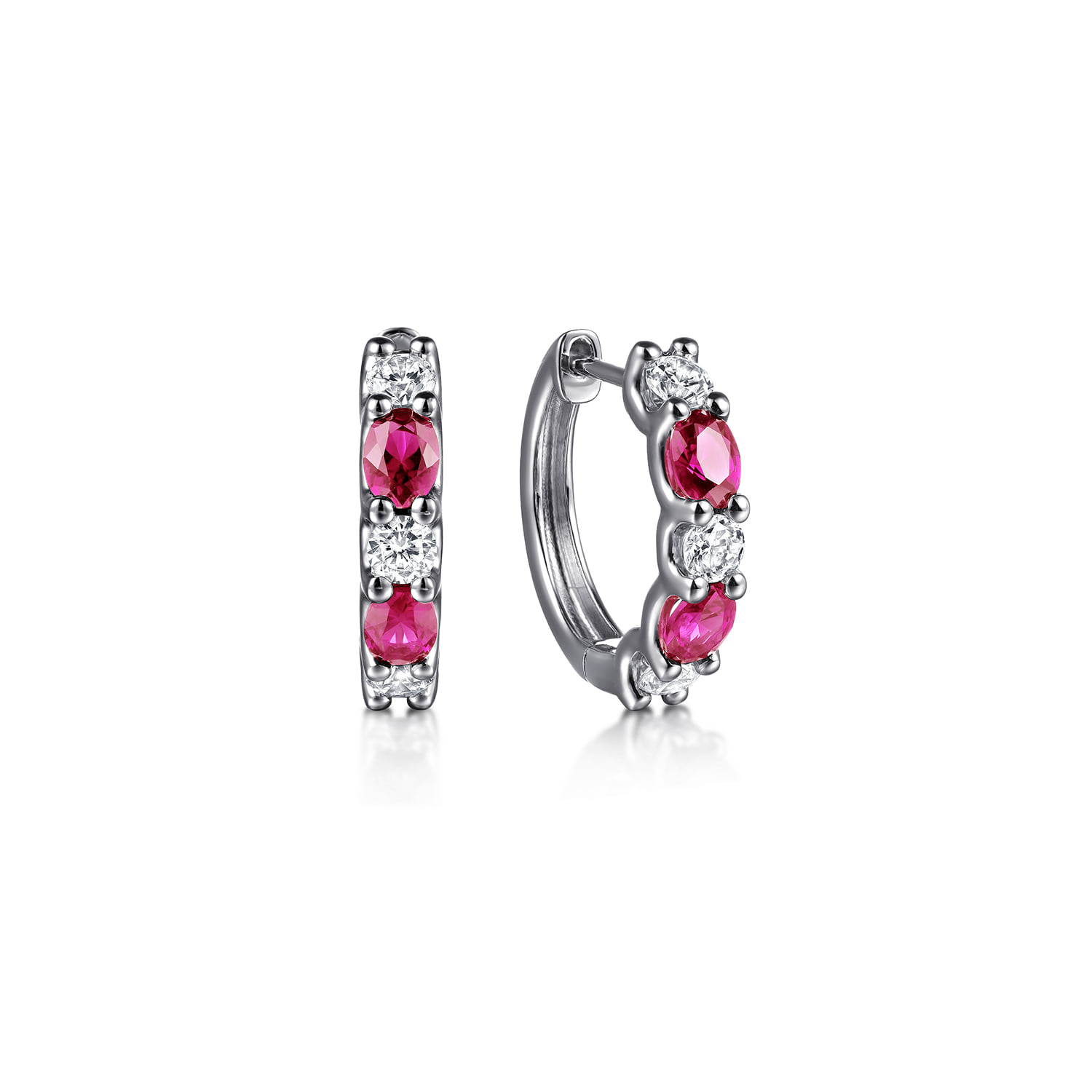 15mm Diamond and Oval Ruby Huggie Earrings