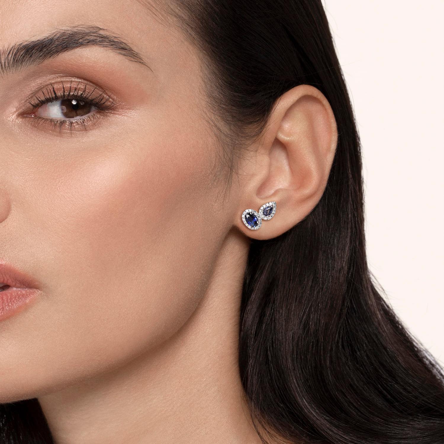 Toi et Moi Sapphire and Diamond Halo Stud Earrings in 14K White Gold, photograph 2