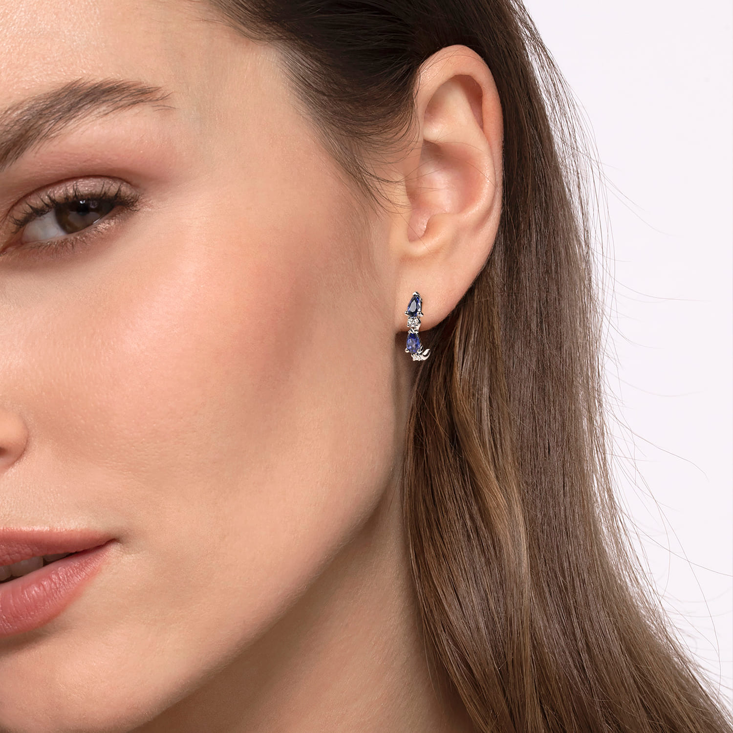Diamond and Pear Sapphire J-Hoop Earrings in 14K White Gold, photograph 2