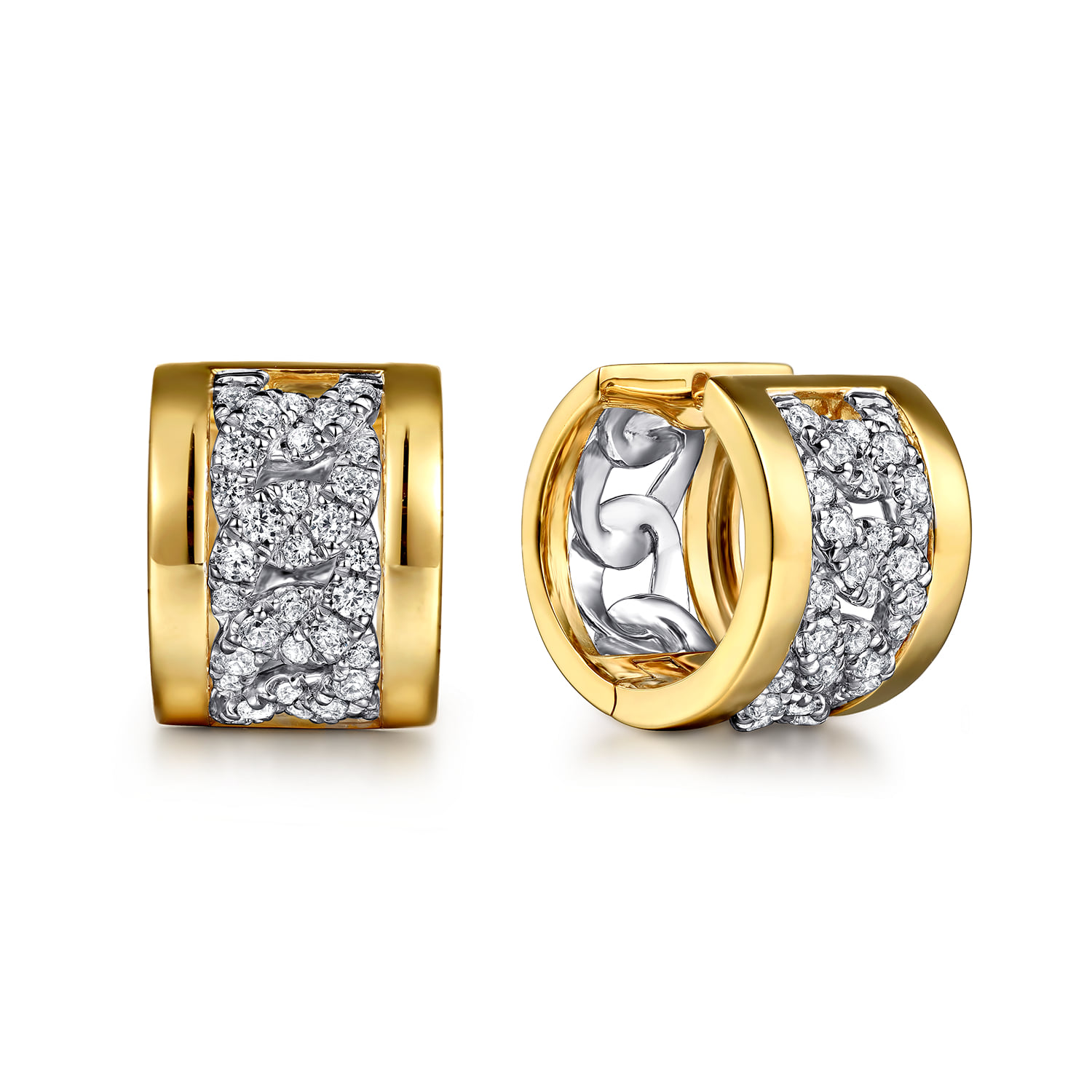 Diamond Link Huggie Earrings in 18K White/Yellow Gold
