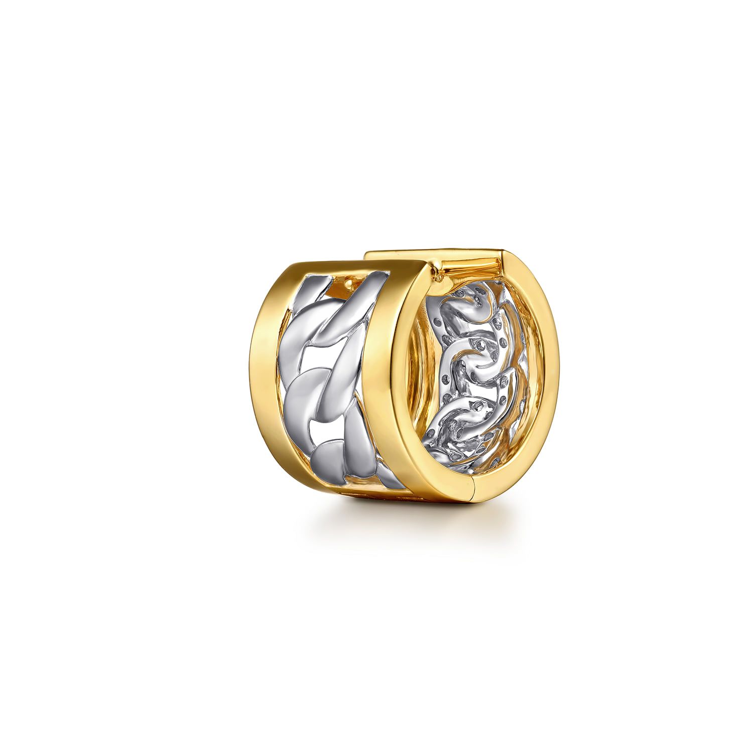 Diamond Link Huggie Earrings in 18K White/Yellow Gold, photograph 2
