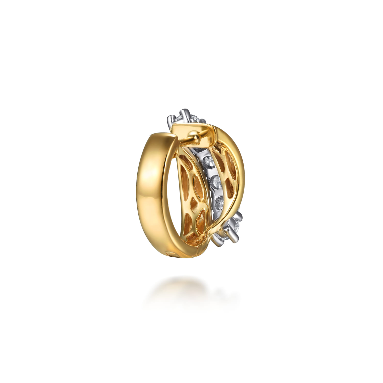 Diamond Twist Huggie Earrings in 18K White/Yellow Gold, photograph 3