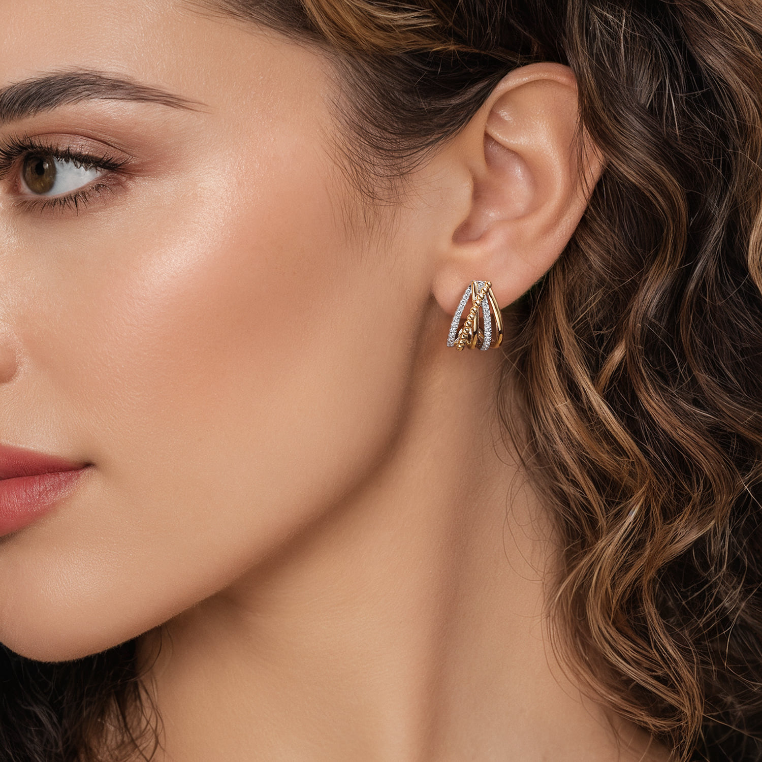 Bujukan and Diamond Criss Cross J Hoop Earrings in 14K White/Yellow Gold, photograph 3