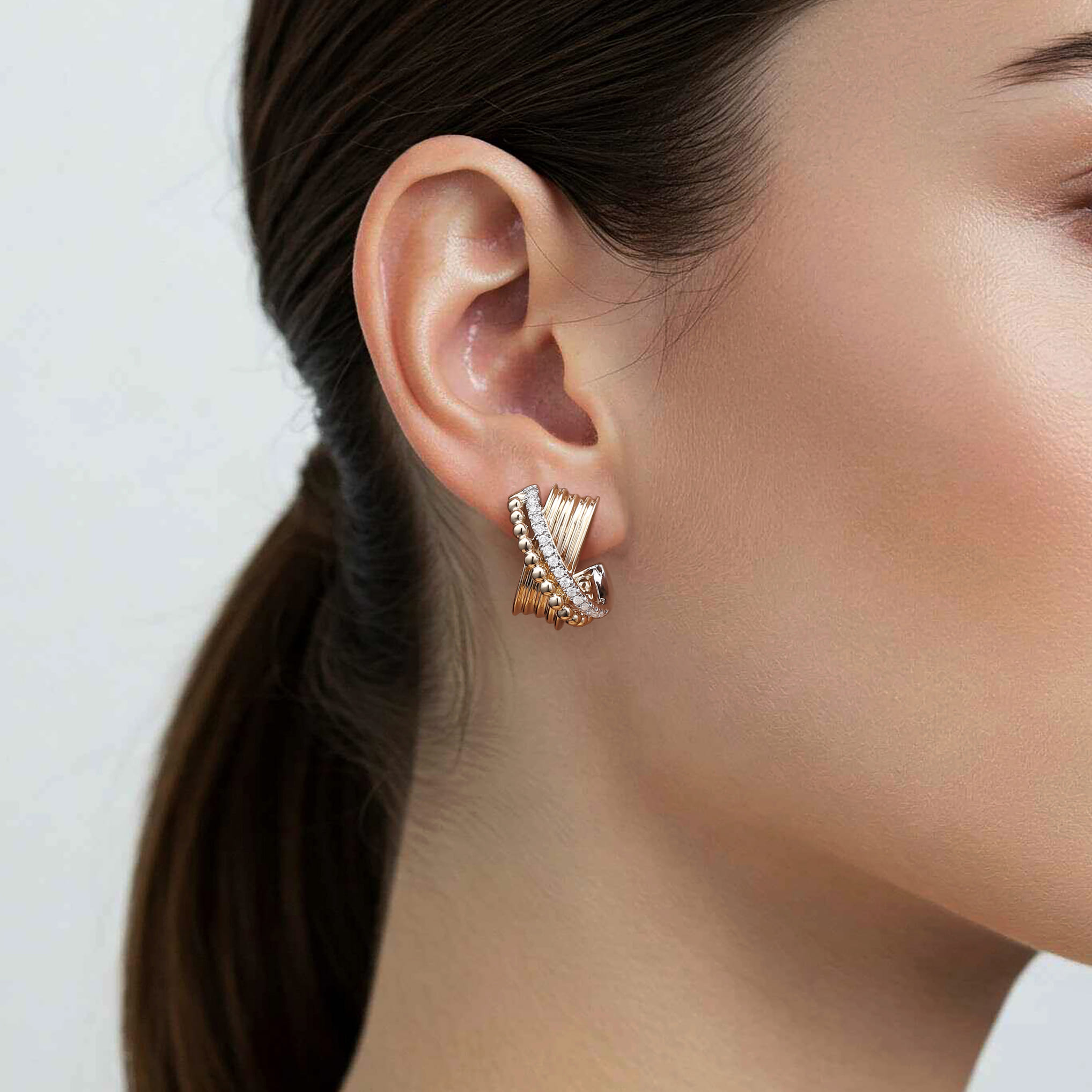 Bujukan and Diamond Criss Cross J Hoop Earrings in 14K White/Yellow Gold, photograph 3