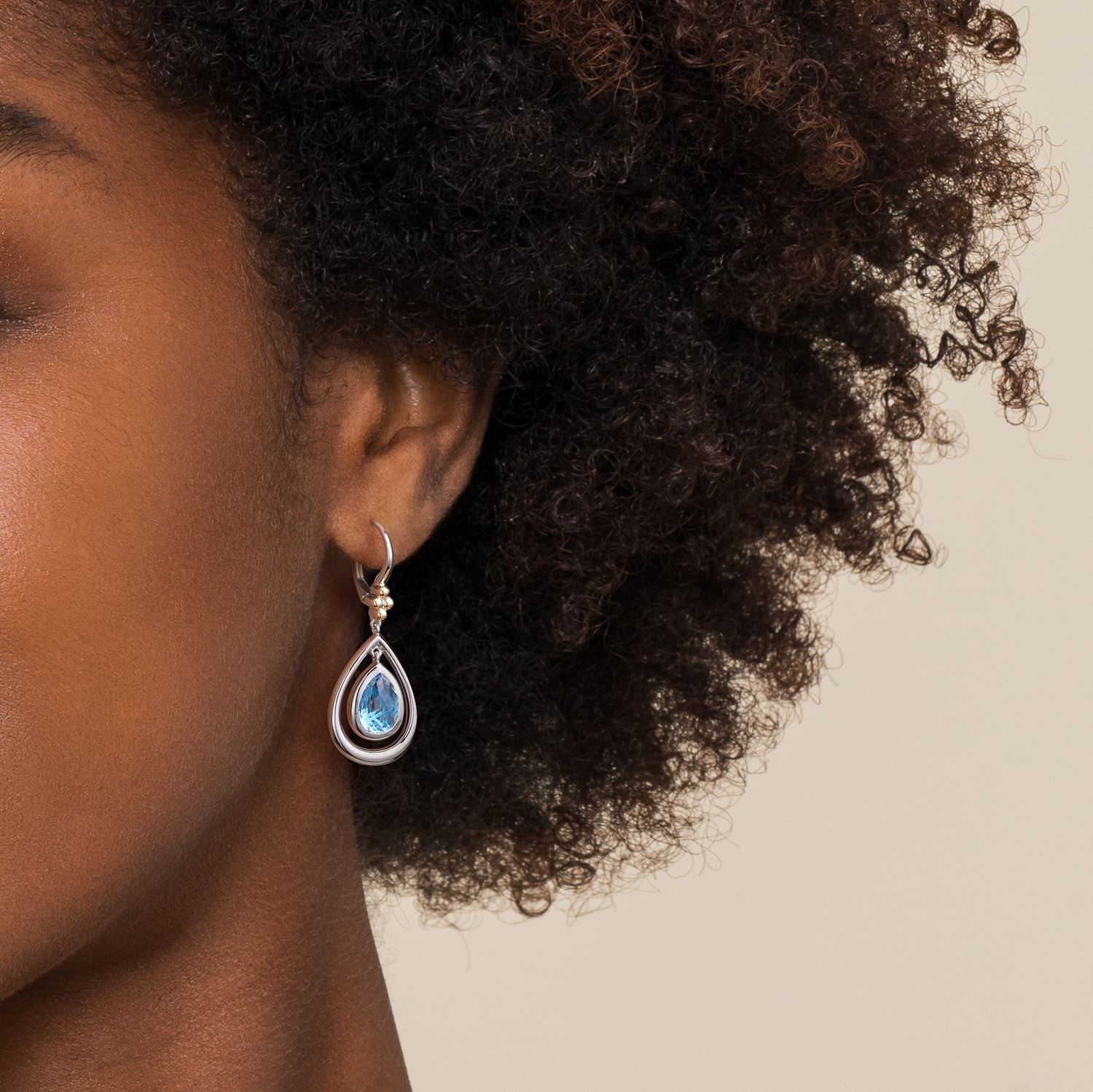 and Bujukan Pear Blue Topaz Leverback Drop Earrings in 14K Yellow Gold, photograph 4
