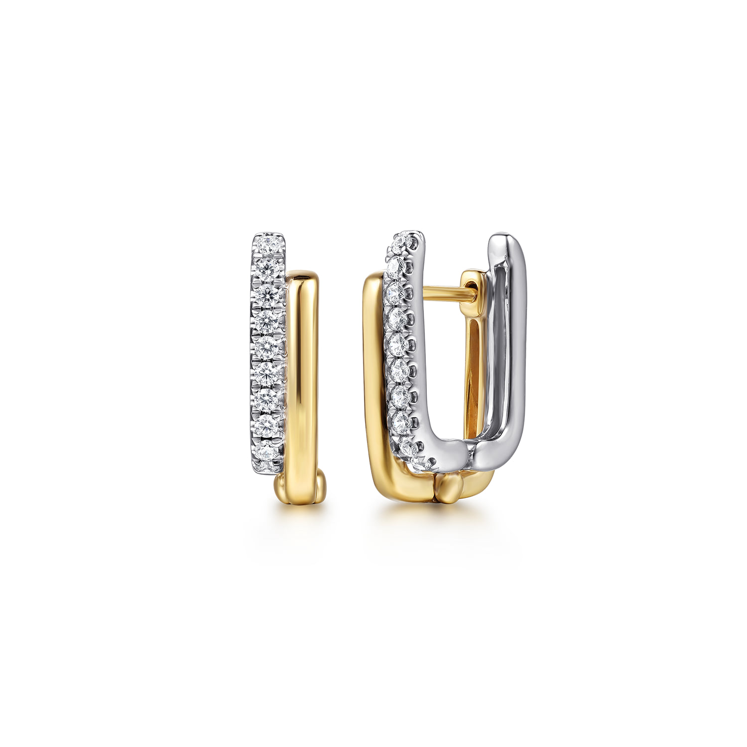Diamond Double Row shaped Huggie Earrings in 14K White/Yellow Gold