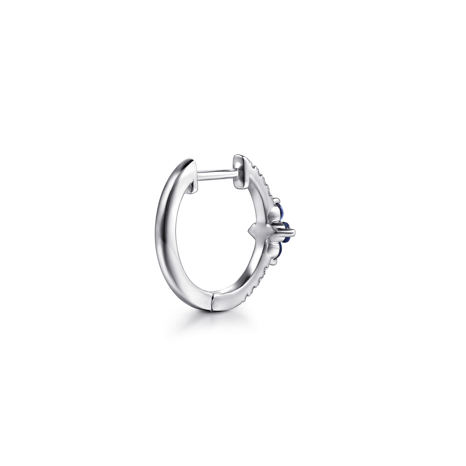 Diamond and Blue Sapphire Clover Huggie Earrings in 14K White Gold, photograph 2