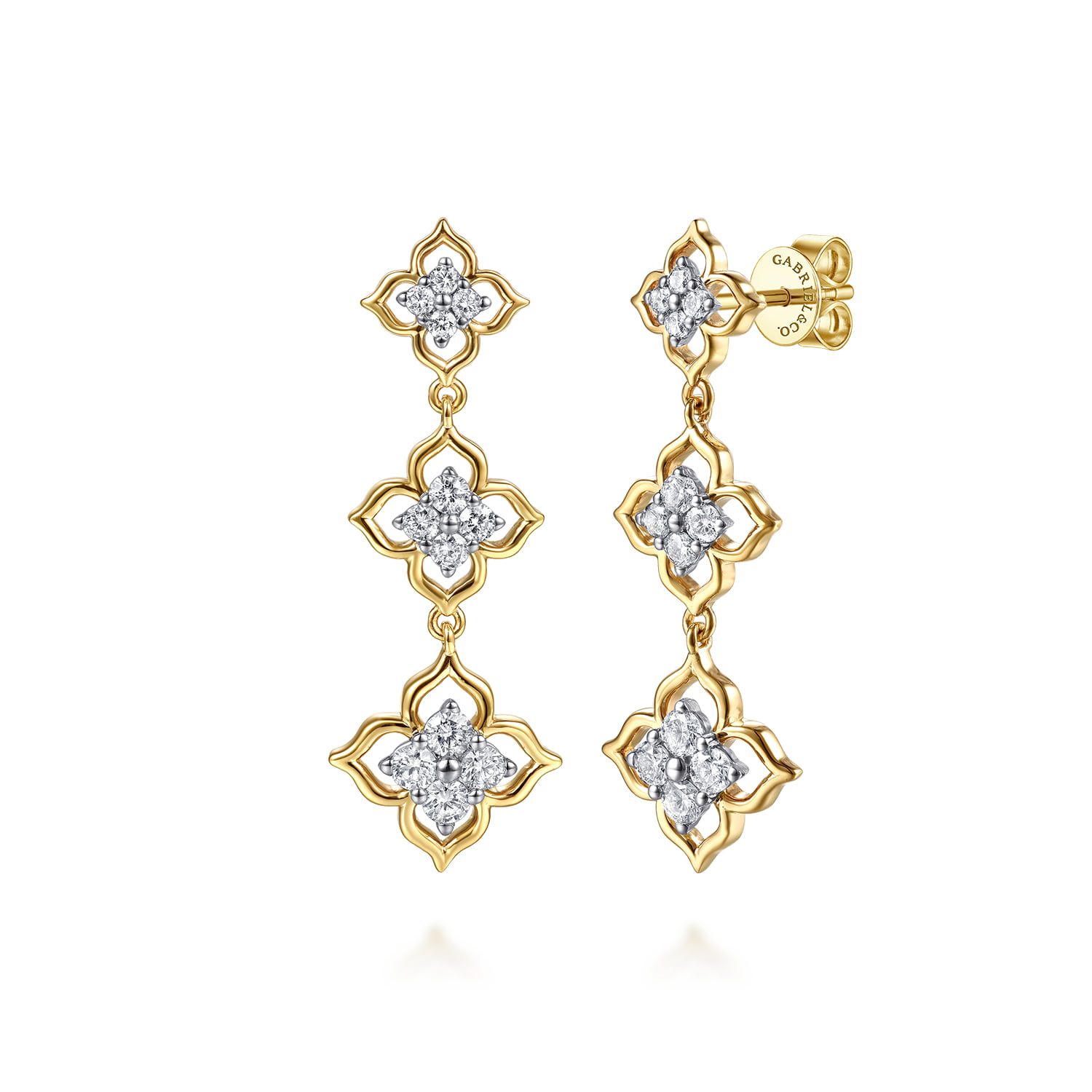 Graduating Diamond Flower Stud Drop Earrings in 14K White/Yellow Gold