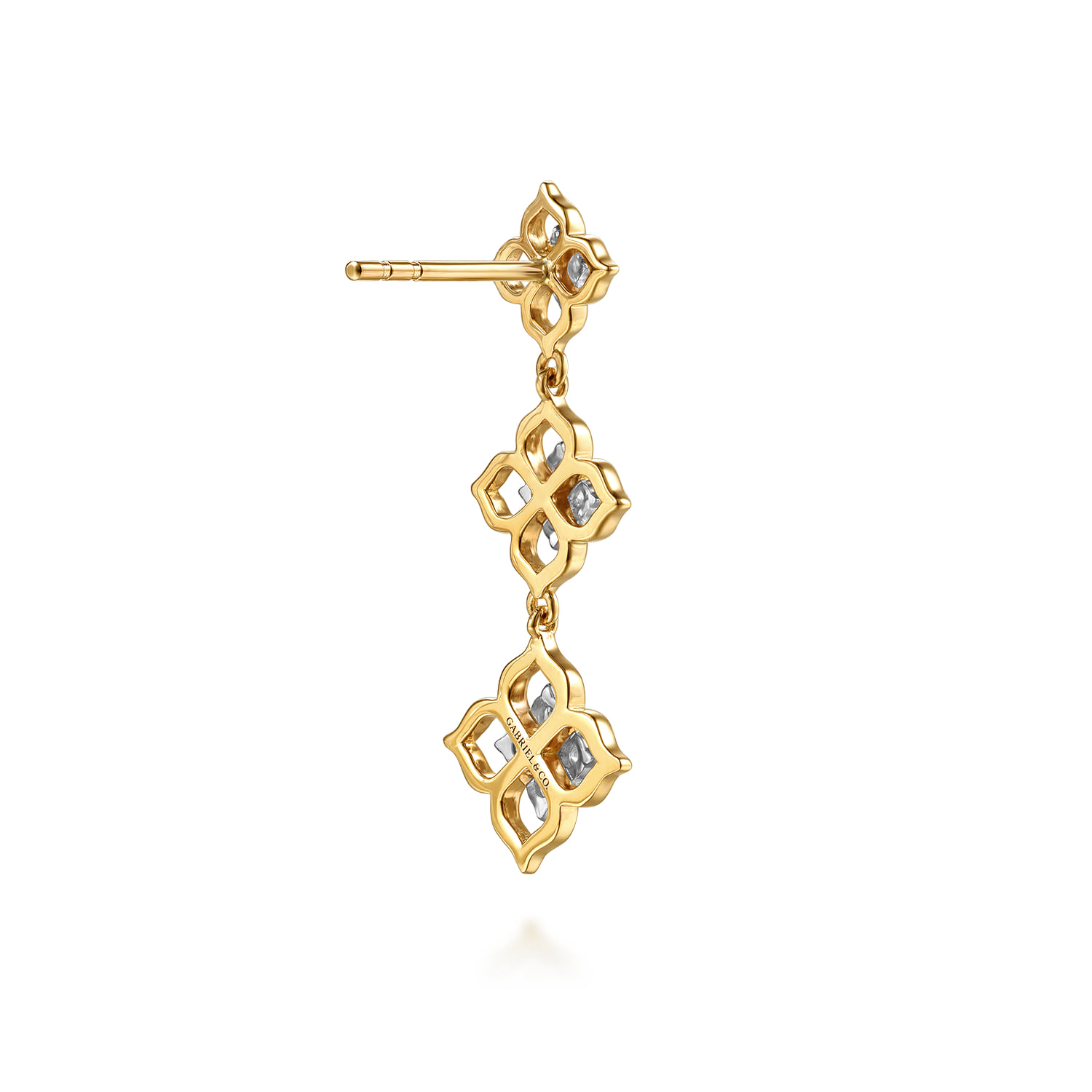 Graduating Diamond Flower Stud Drop Earrings in 14K White/Yellow Gold, photograph 2