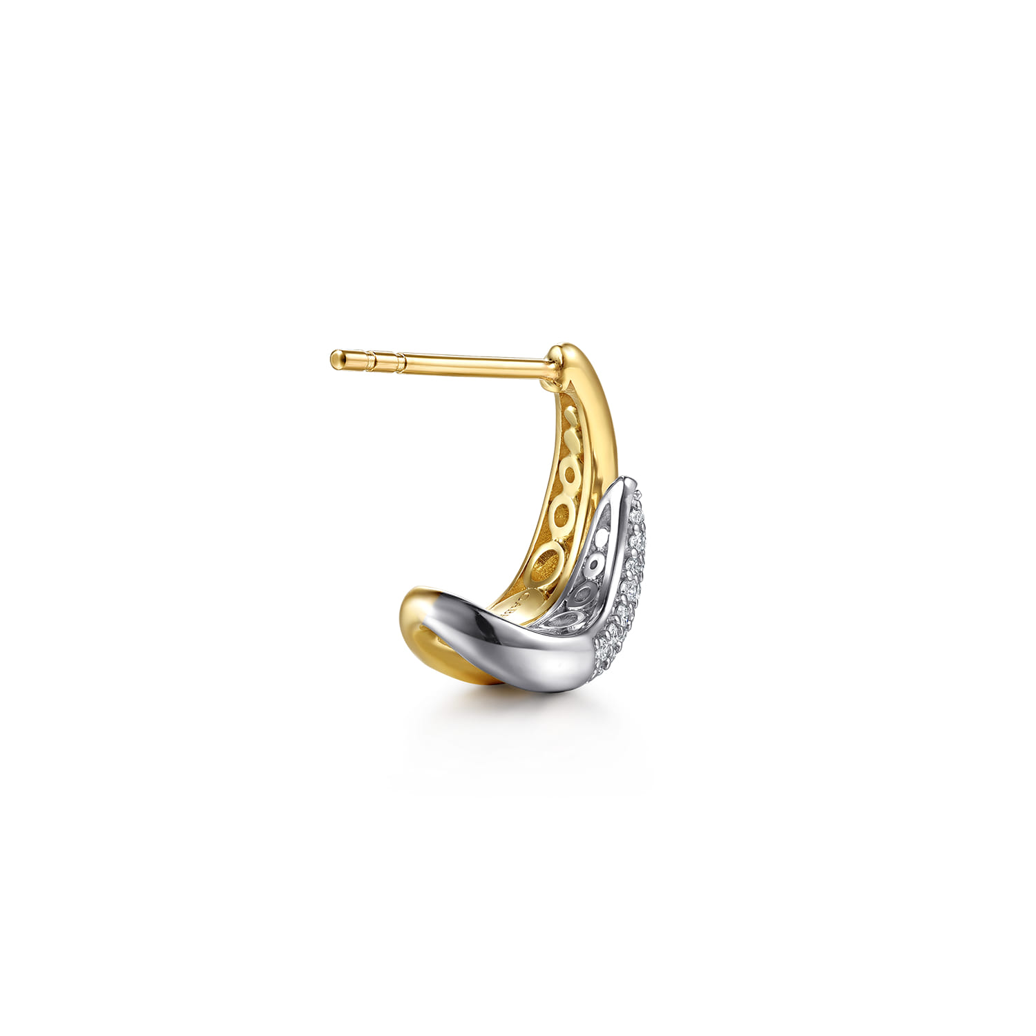 Pave Diamond Spike J Hoop Earrings in 14K White/Yellow Gold, photograph 2