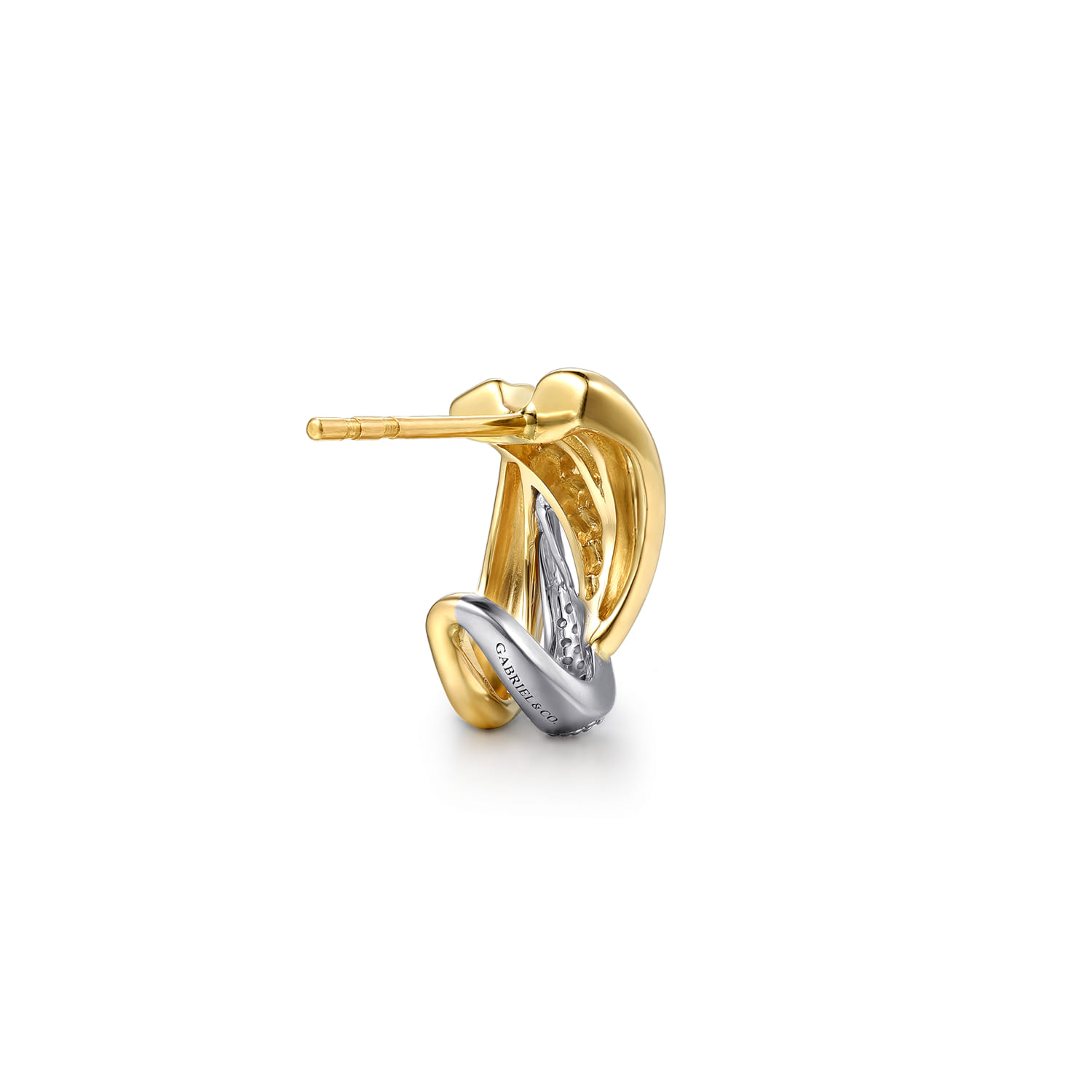 Graduating Diamond and Diamond Cut J Hoop Earrings in 14K White/Yellow Gold, photograph 2