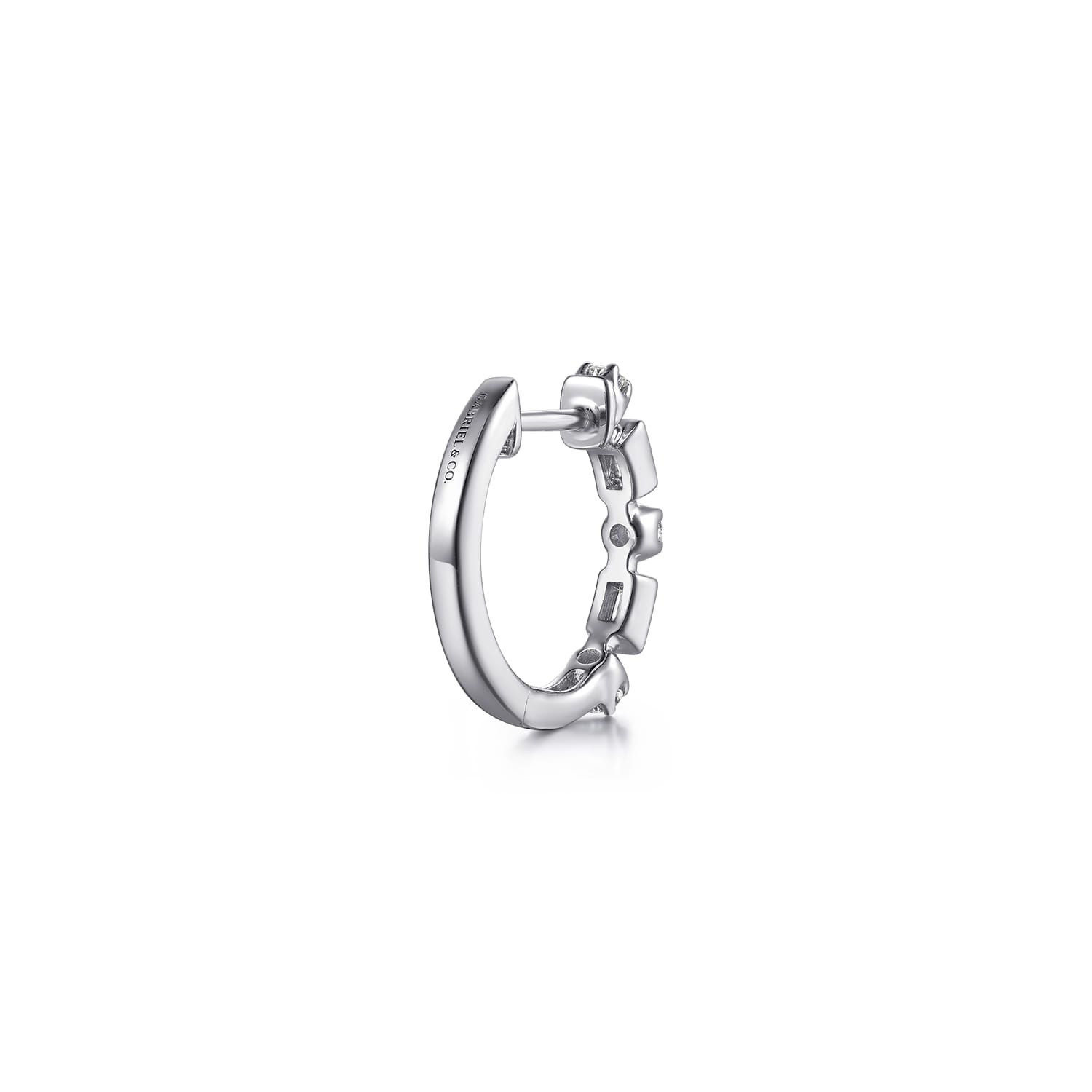 Diamond Baguette Huggie Earrings in 14K White Gold, photograph 2