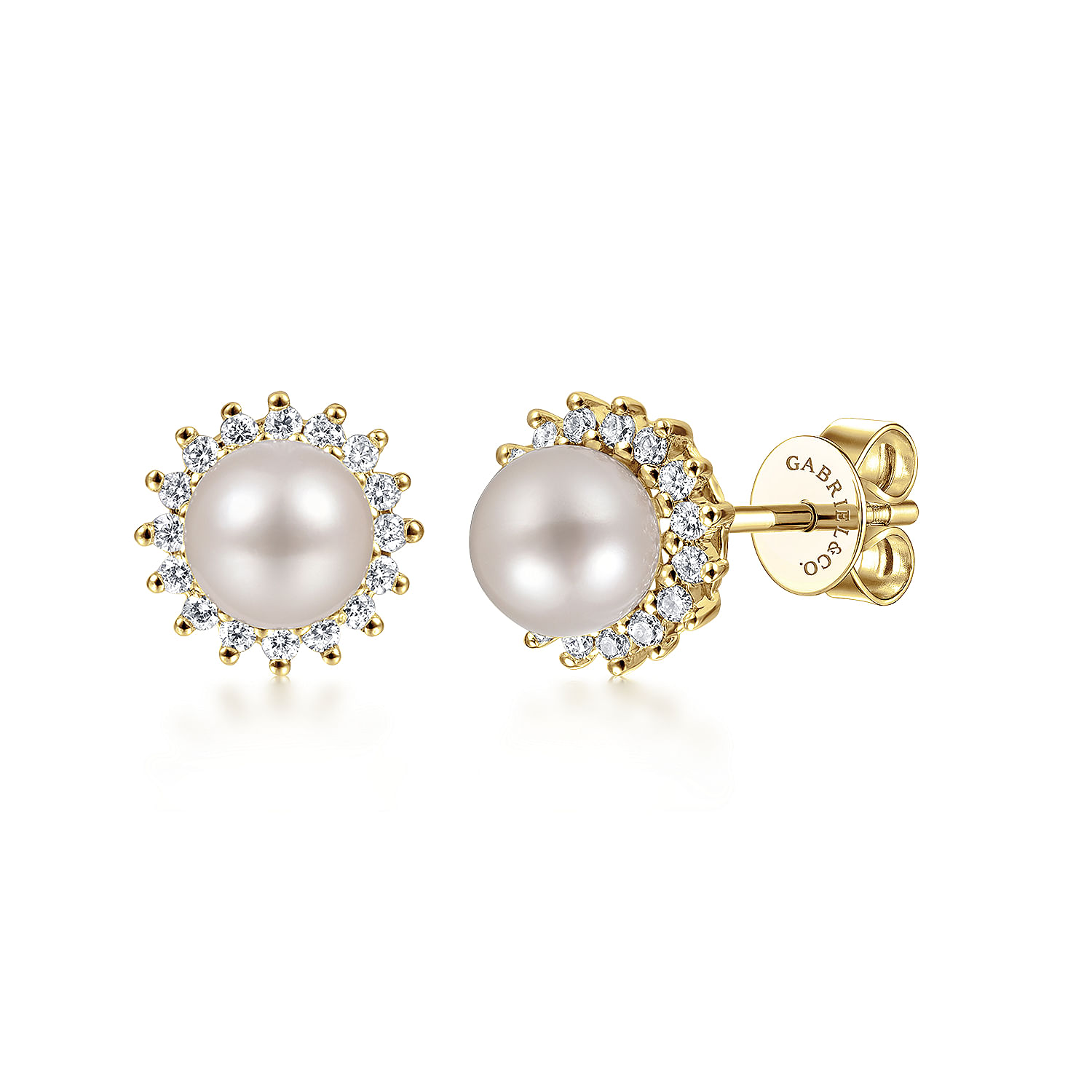 Gabriel Co 14K Yellow Gold Pearl with Diamond Halo Stud Earrings