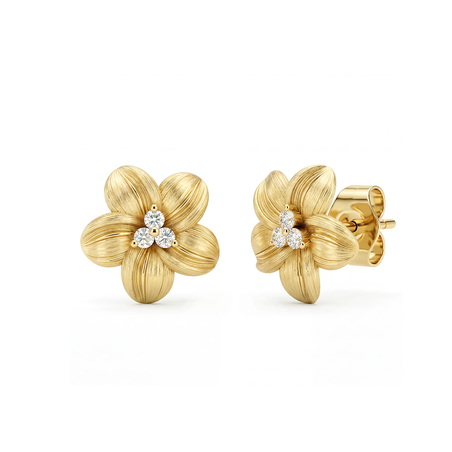 Textured Flower and Diamond Stud Earrings