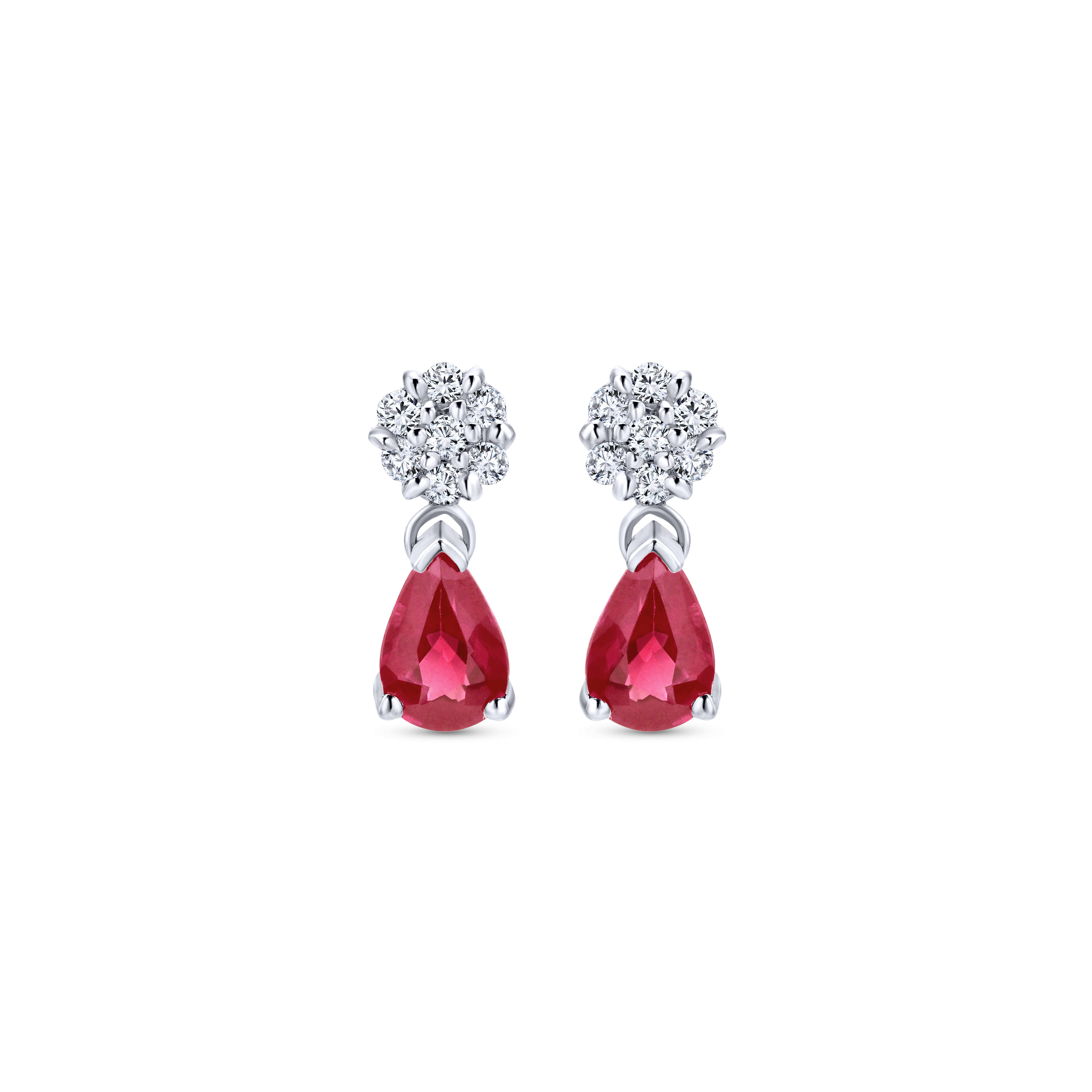 Floral Diamond Stud Earrings with Pear Shaped Ruby Drops