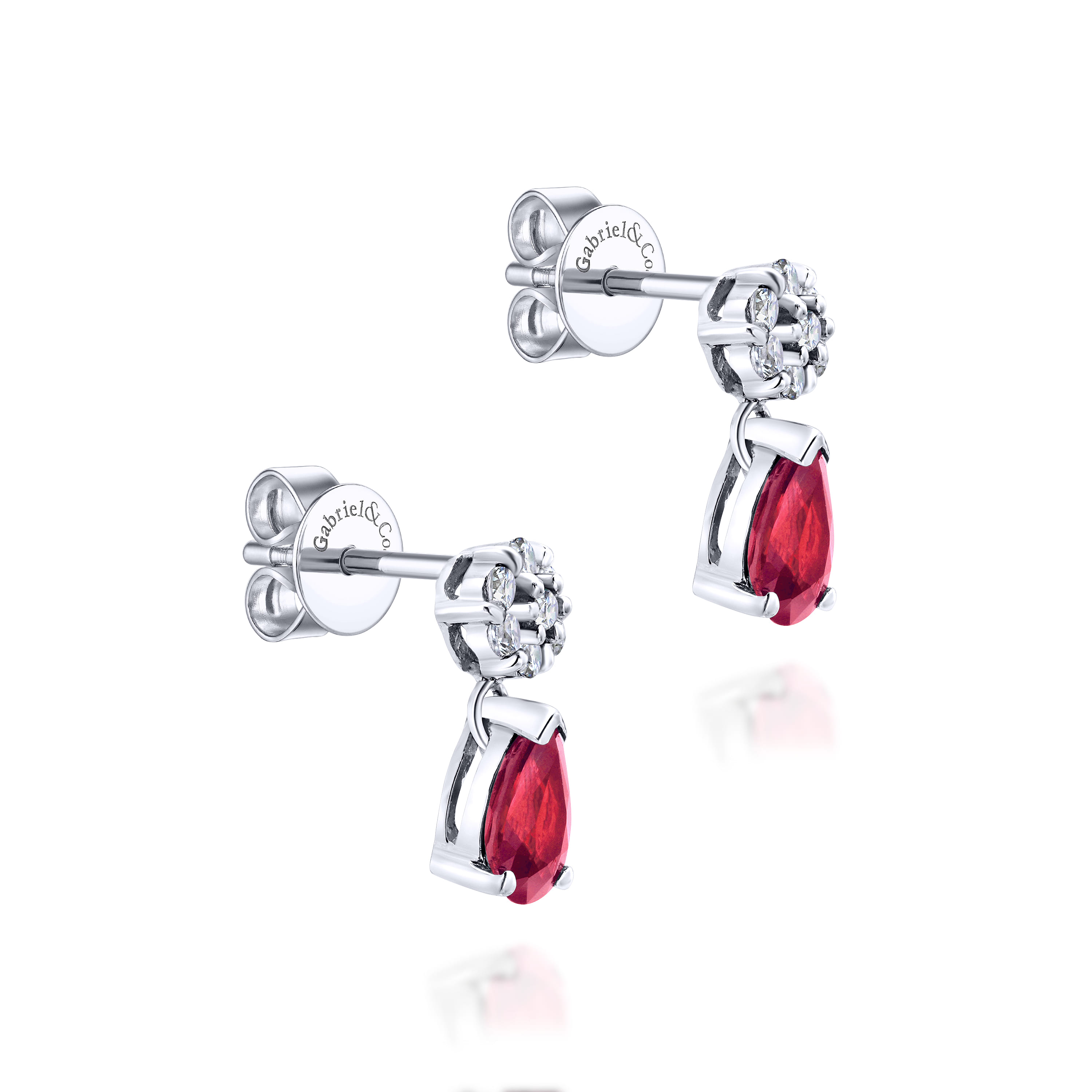 Floral Diamond Stud Earrings with Pear Shaped Ruby Drops in 14K White Gold, photograph 2