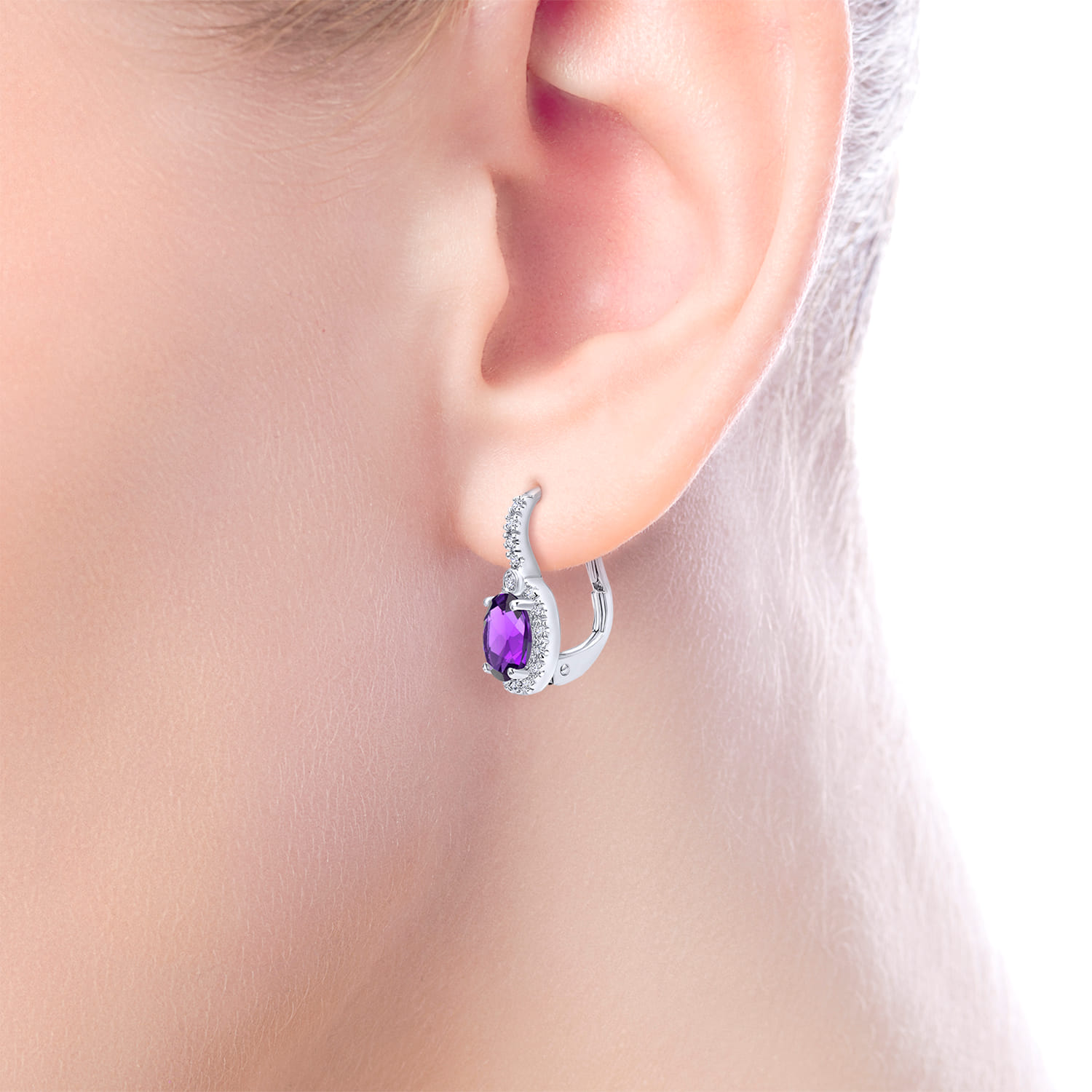 Oval Amethyst and Diamond Halo Drop Earrings in 14K White Gold, photograph 2
