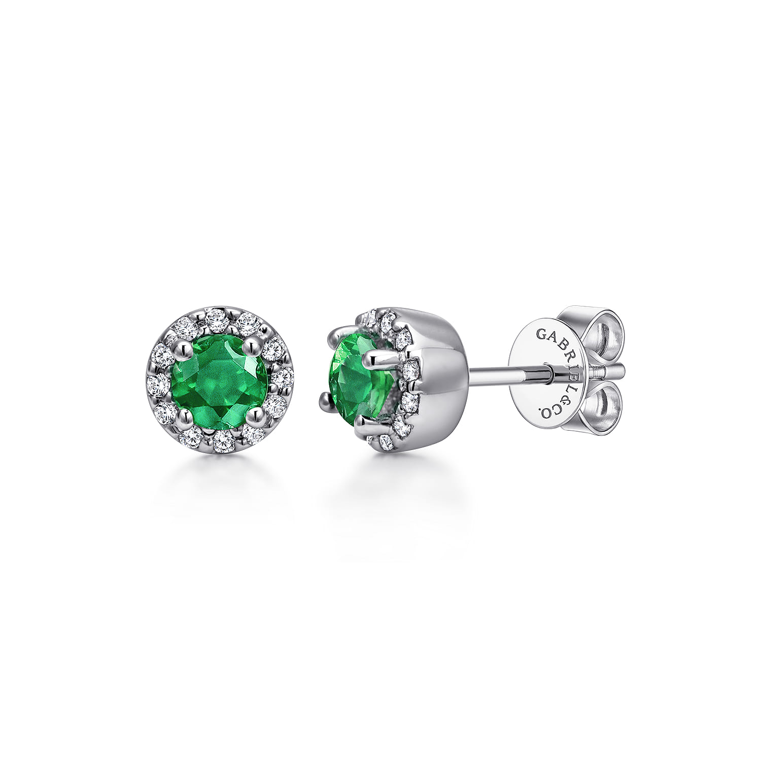 Emerald and Diamond Halo Stud Earrings in 14K White Gold