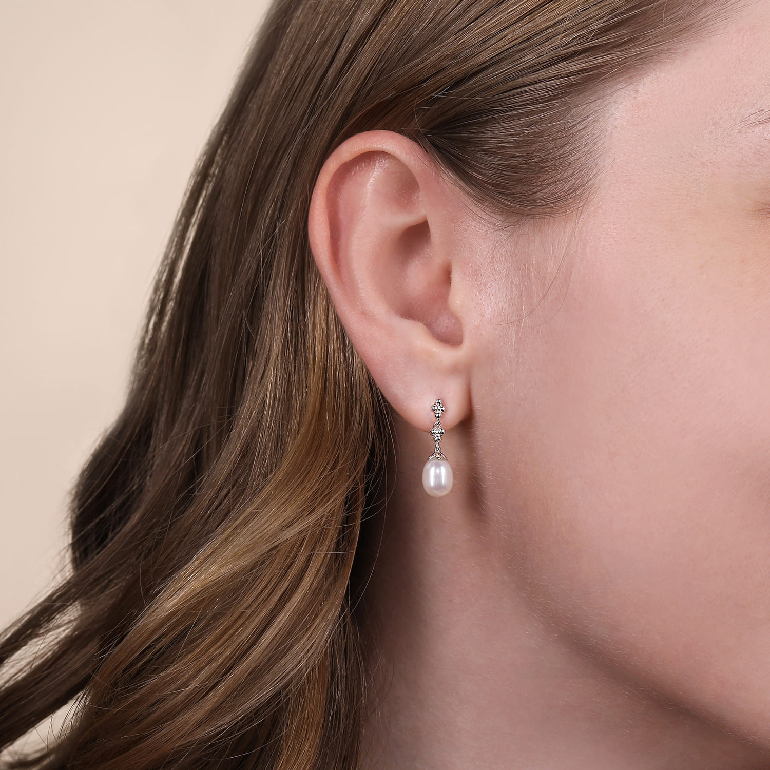 Linear Pearl Drop Earrings in Sterling Silver, photograph 2
