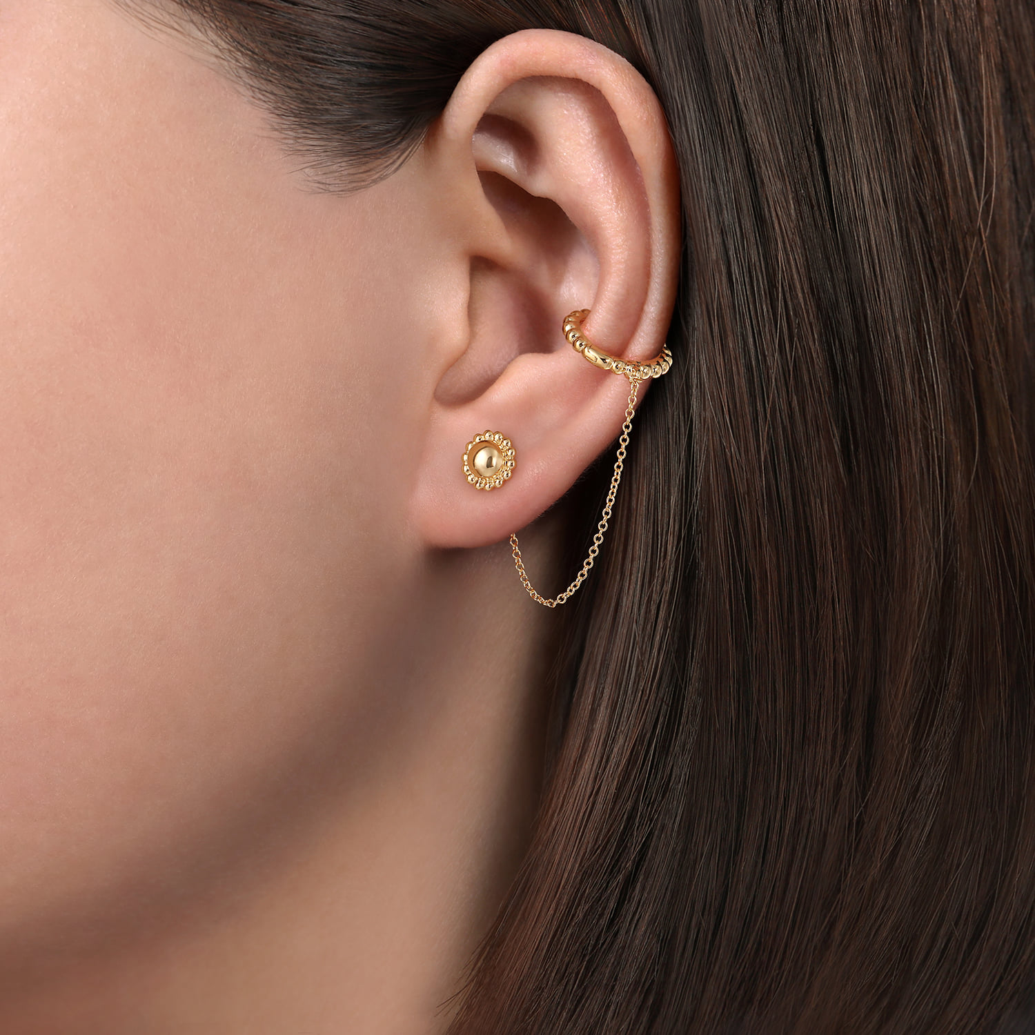 Single Stud With Chain Drop And Cuff Earring in 14K Yellow Gold, photograph 3