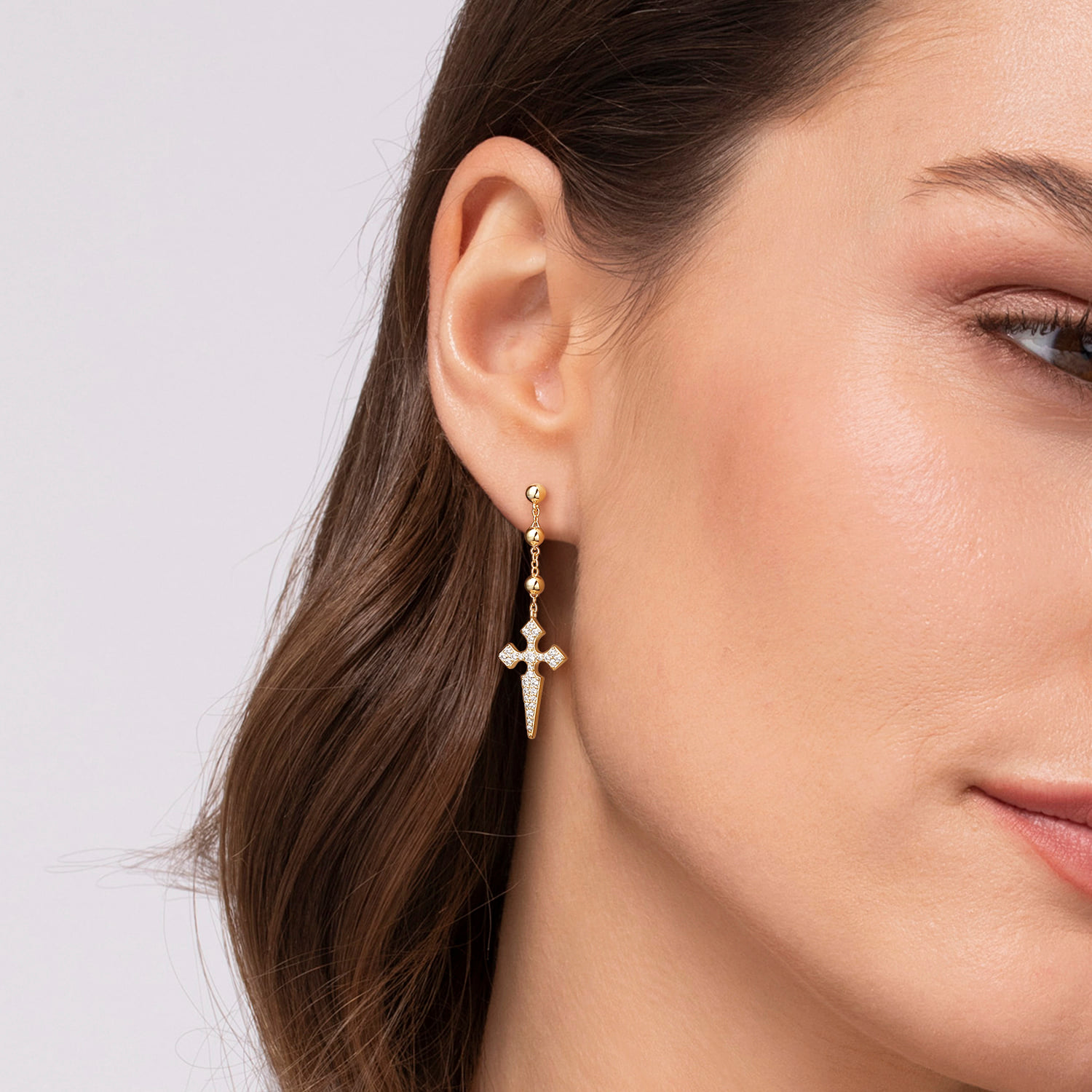 Bujukan and Pave Diamond Cross Stud Drop Single Earring in 14K Yellow Gold, photograph 3