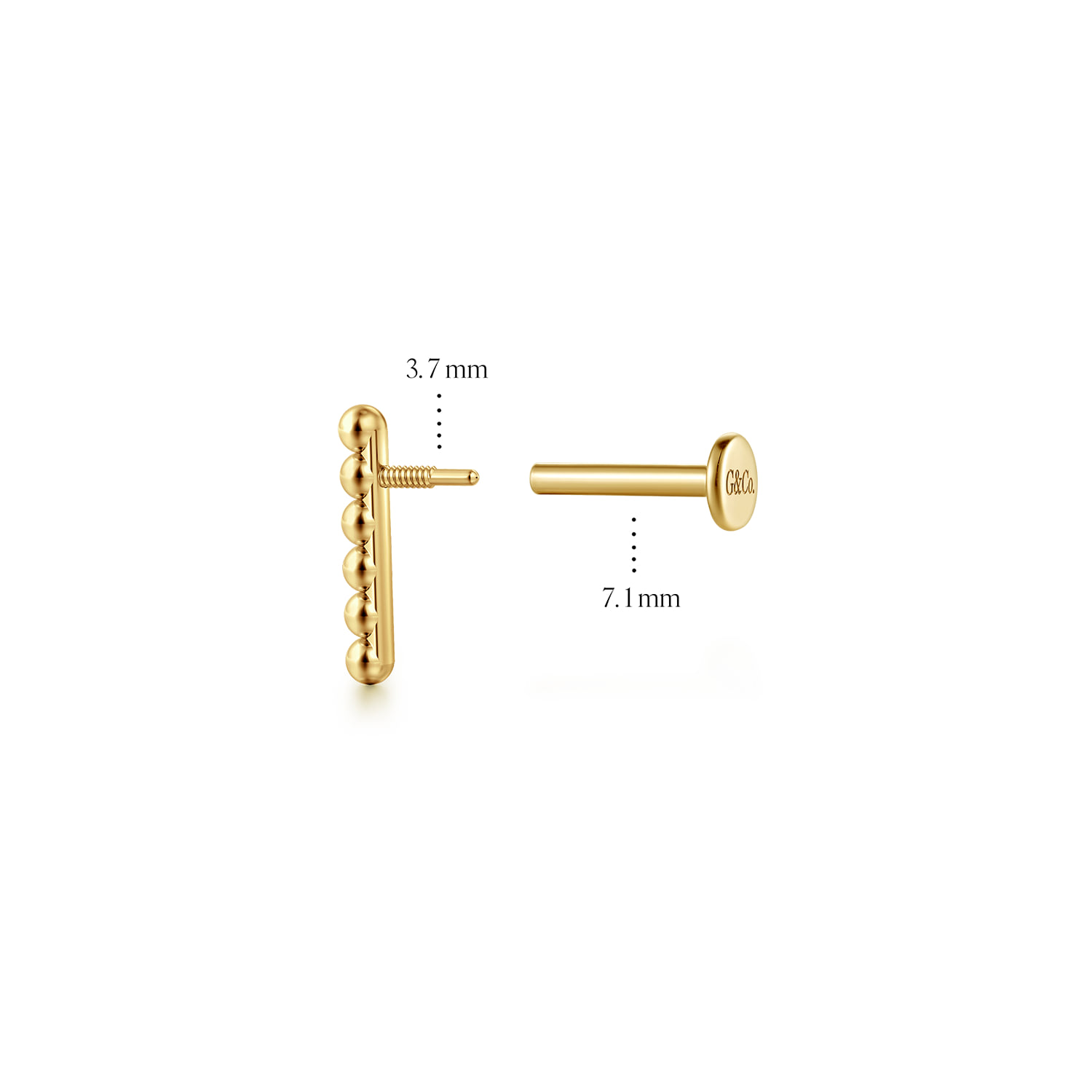 Beaded Bar Single Flatback Stud Earring in 14K Yellow Gold, photograph 4