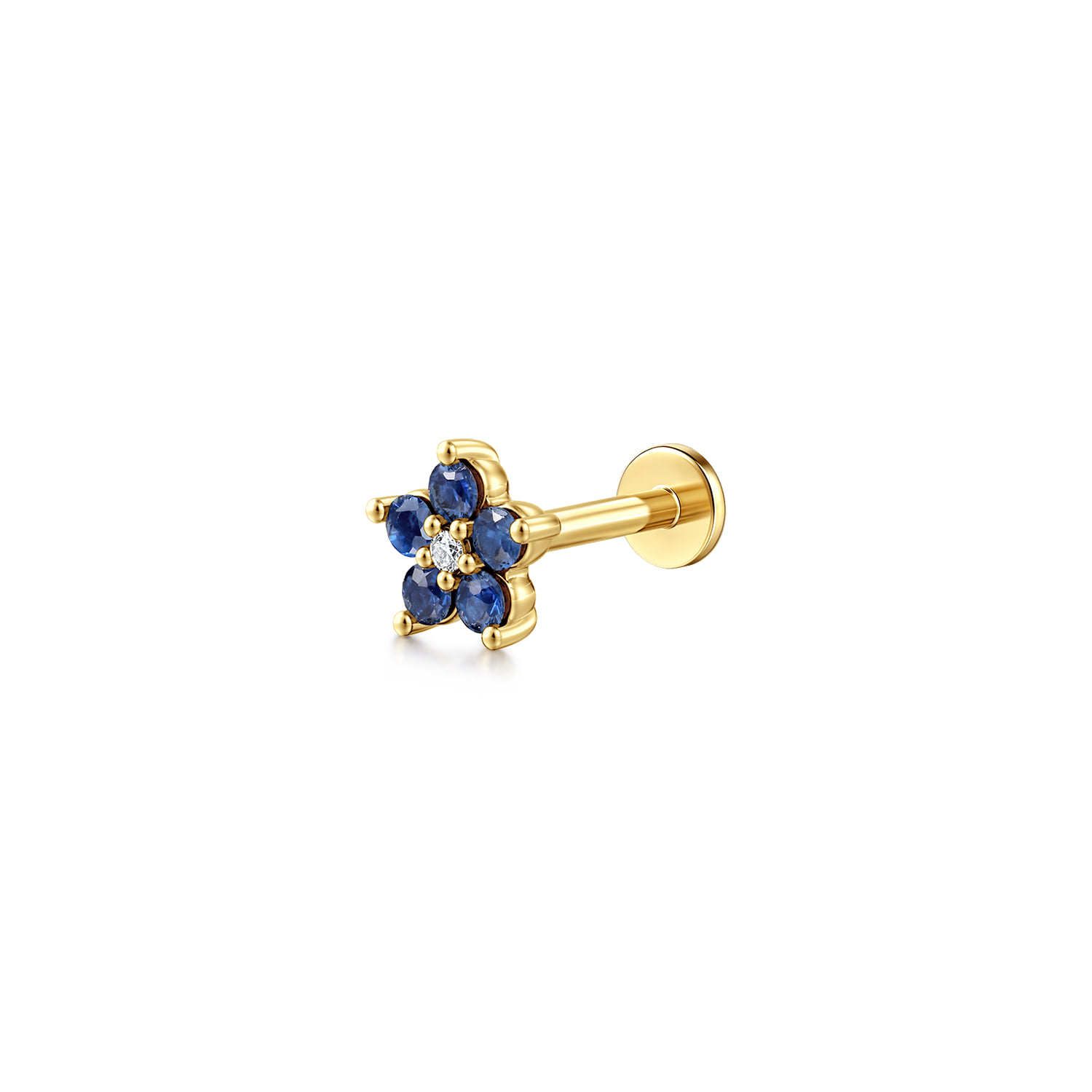 Diamond and Sapphire Flower Single Flatback Stud Earring