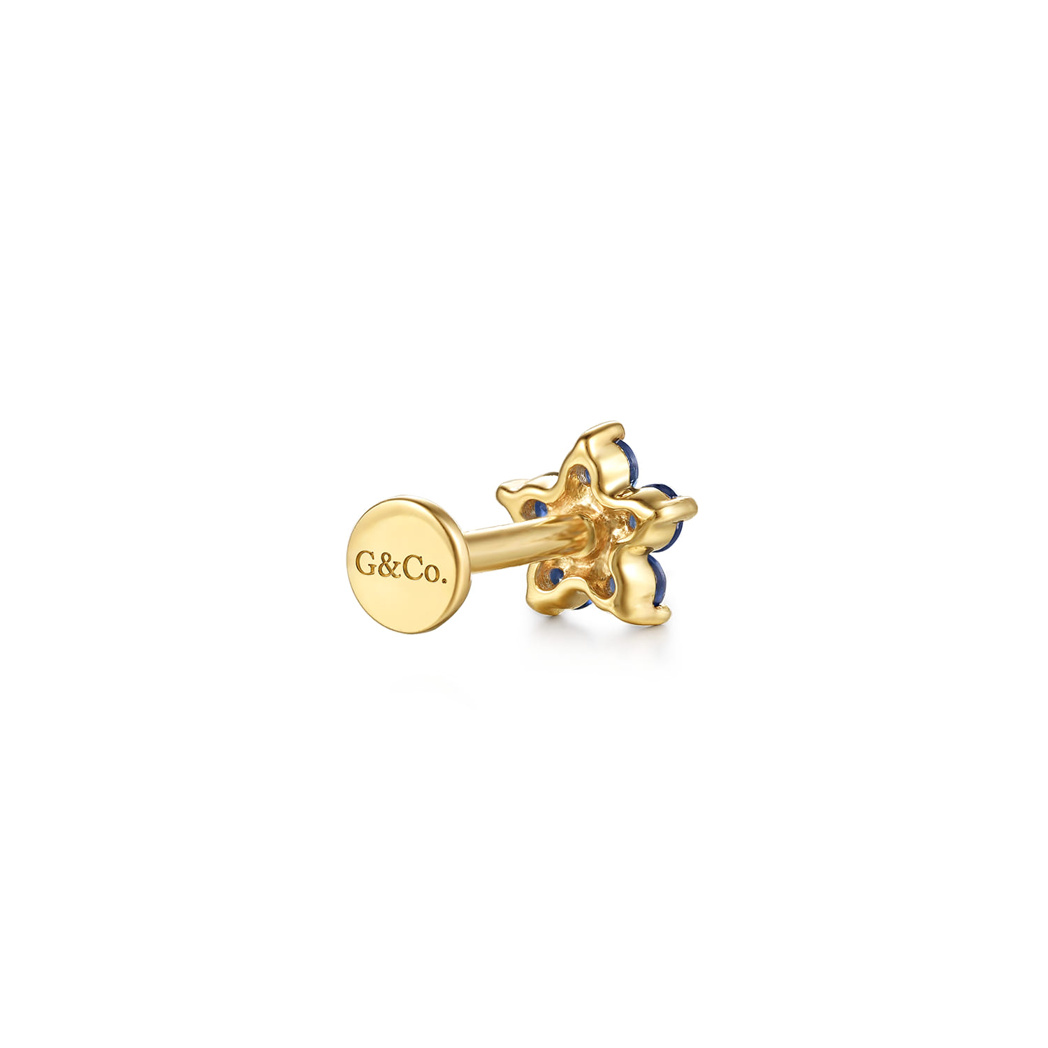 Diamond and Sapphire Flower Single Flatback Stud Earring in 14K Yellow Gold, photograph 3