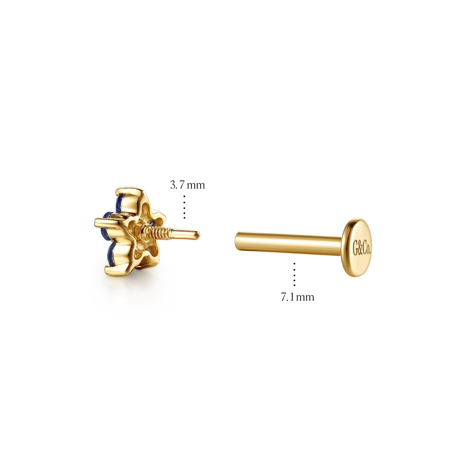 Diamond and Sapphire Flower Single Flatback Stud Earring in 14K Yellow Gold, photograph 4