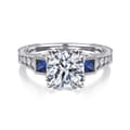 Lunaria - Vintage Inspired 14K White Round Three Stone Sapphire and Diamond Engagement Ring