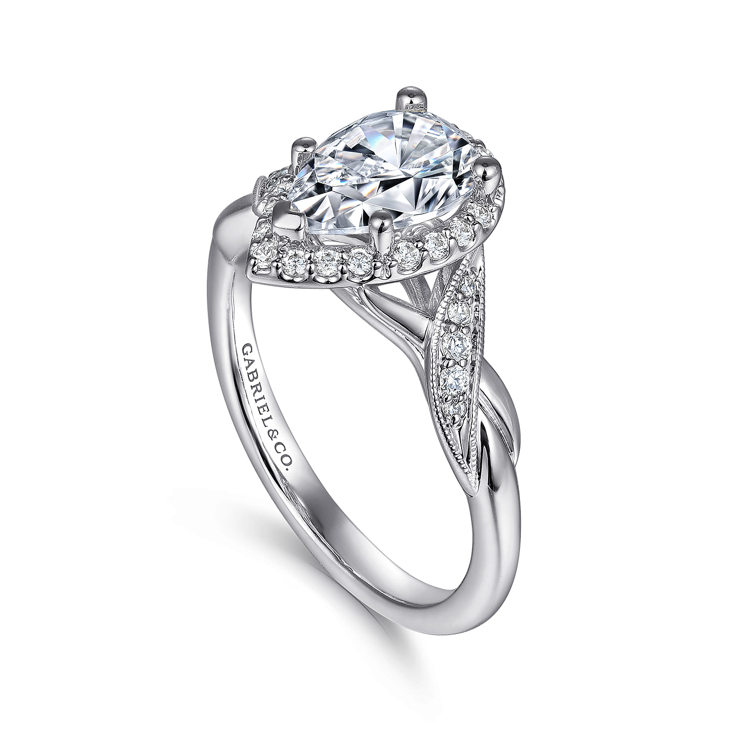 Pear Vintage Inspired Halo Diamond Engagement Ring in 14K White Gold, photograph 3