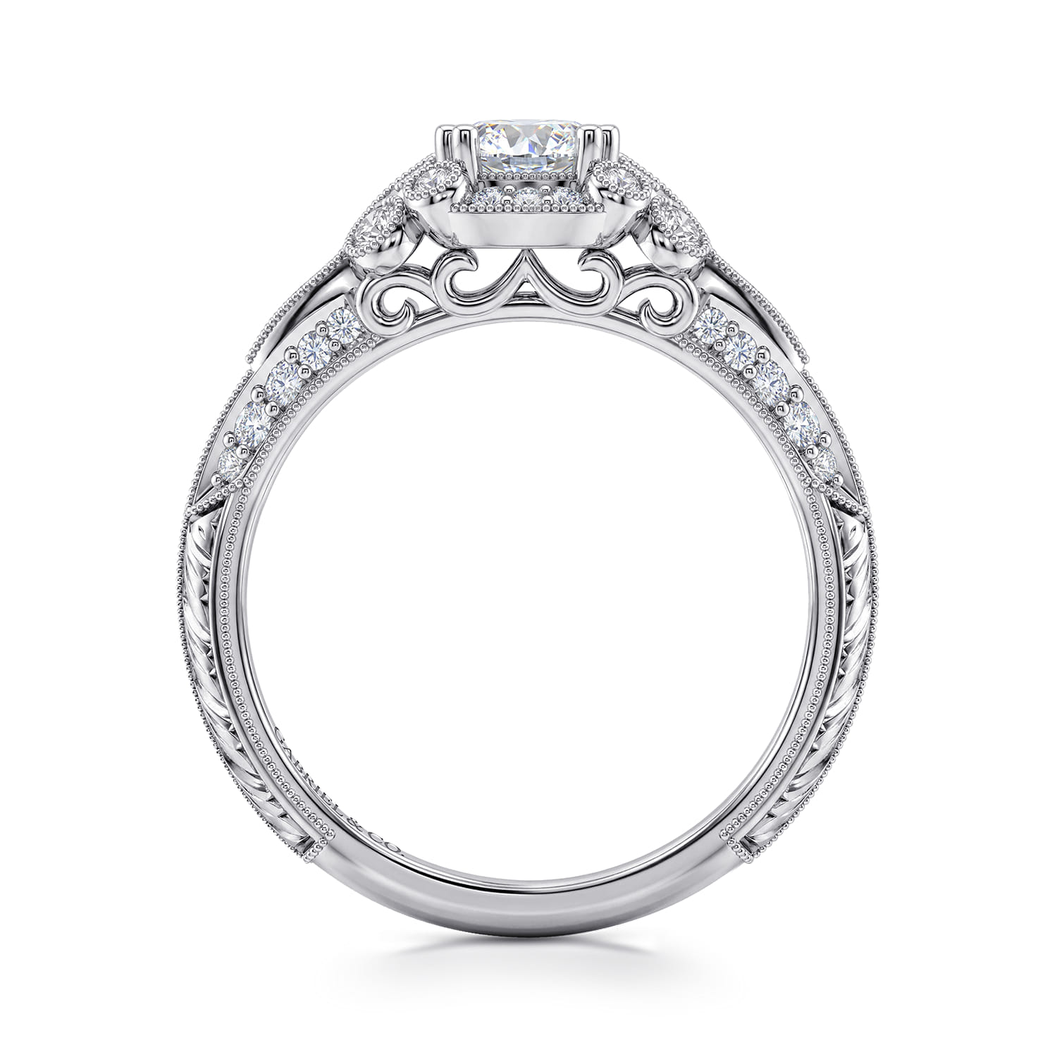 Cushion Unique Vintage Inspired Diamond Halo Engagement Ring in 14K White Gold, photograph 2