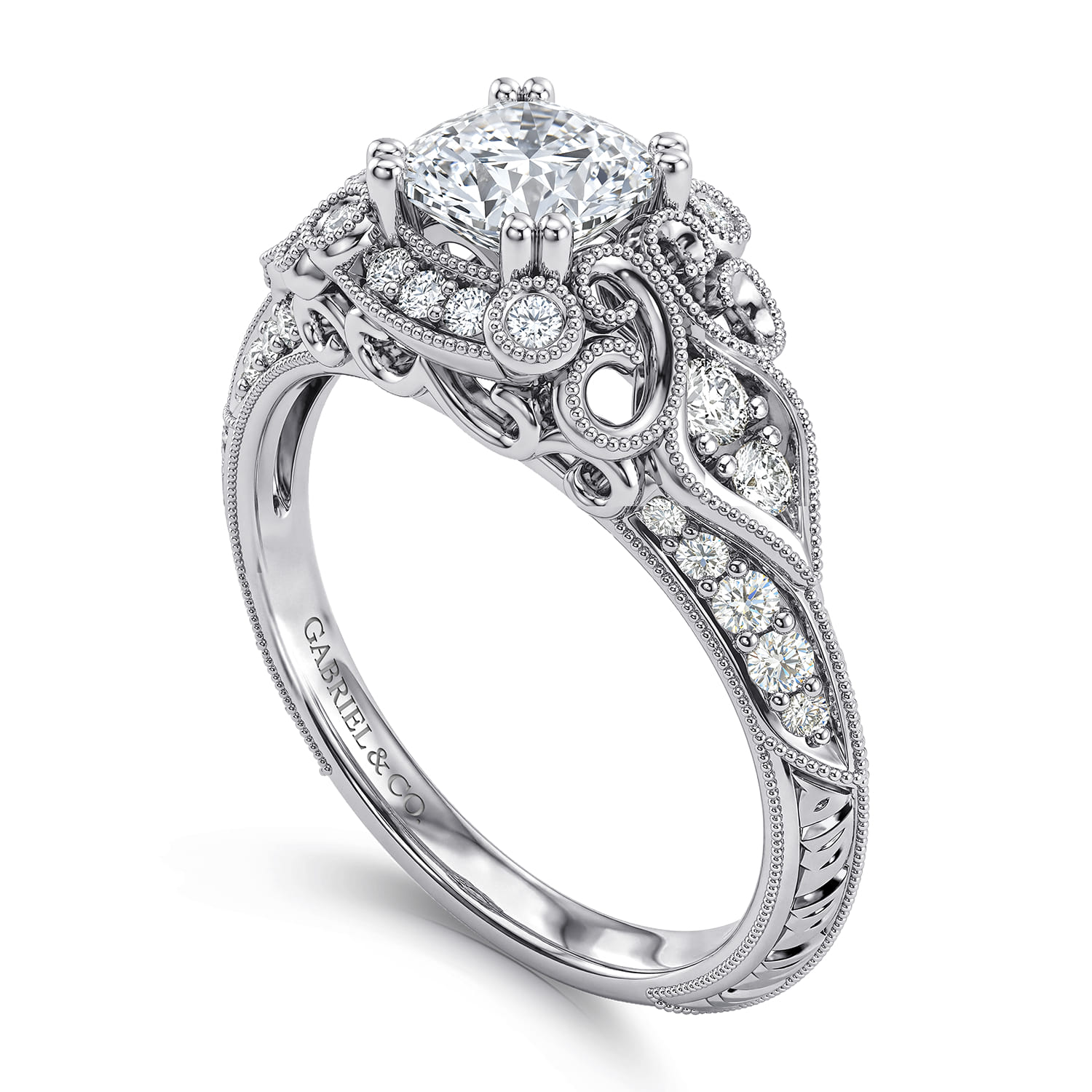 Cushion Unique Vintage Inspired Diamond Halo Engagement Ring in 14K White Gold, photograph 3