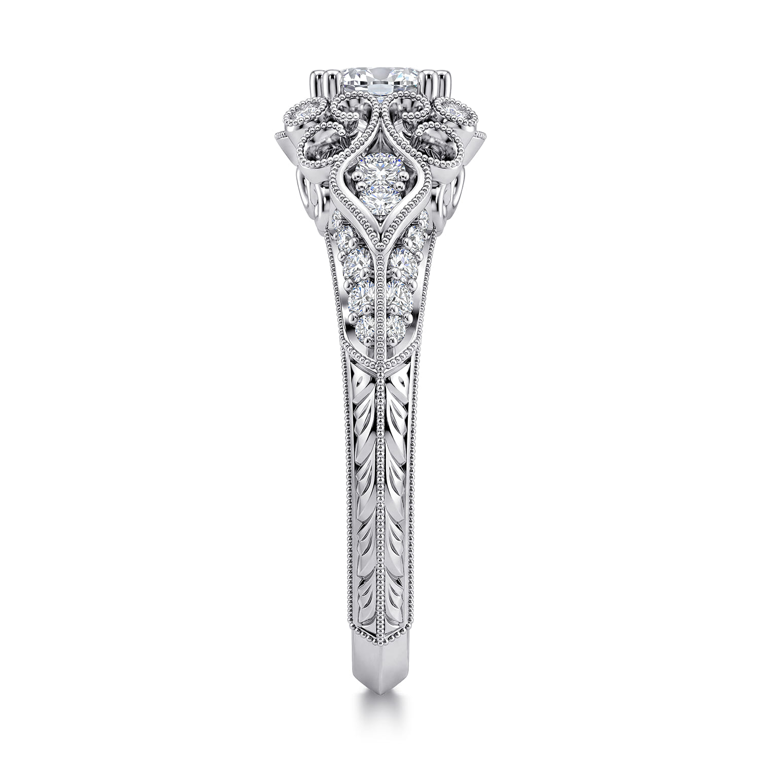 Cushion Unique Vintage Inspired Diamond Halo Engagement Ring in 14K White Gold, photograph 4