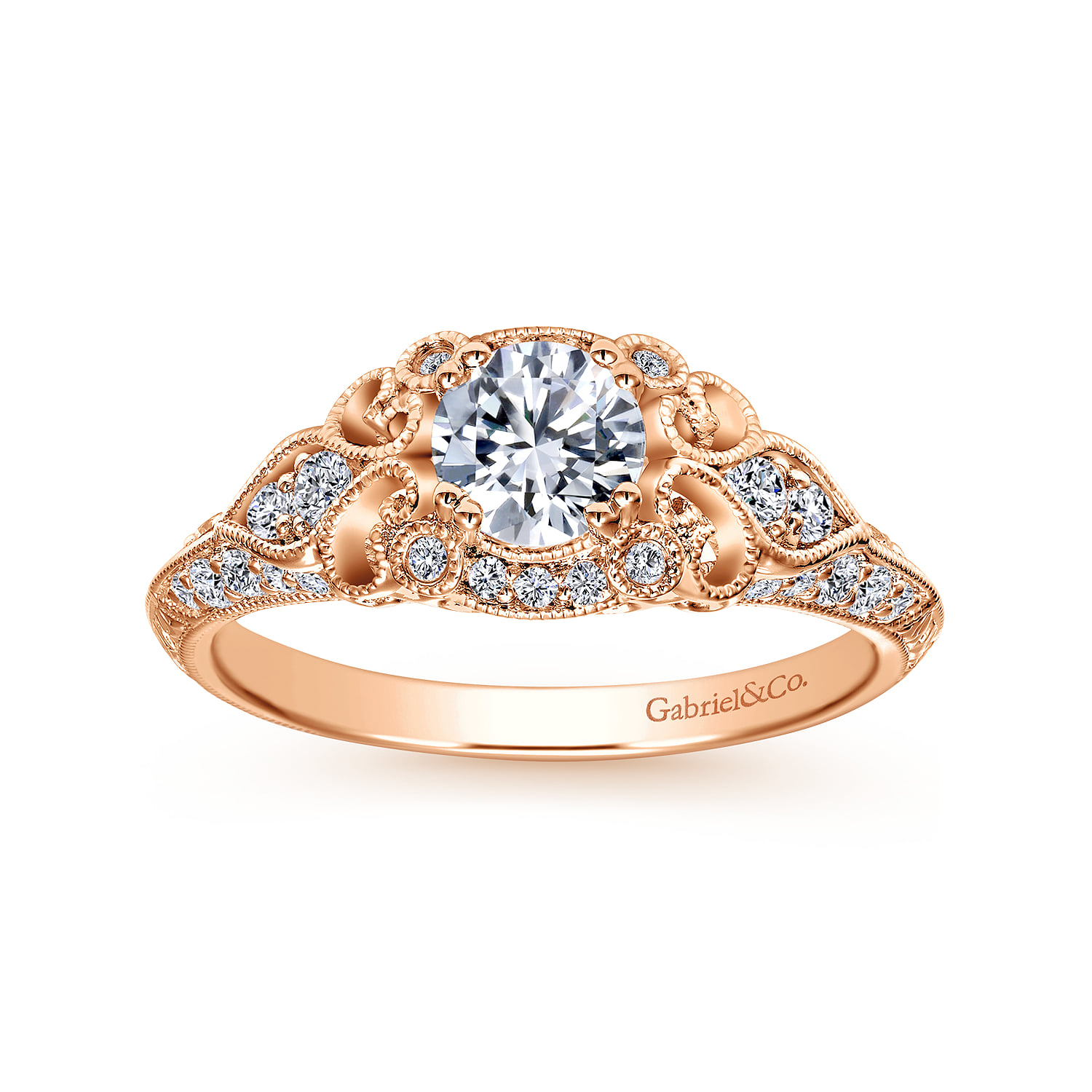 Round Unique Vintage Inspired Diamond Halo Engagement Ring in 14K Rose Gold, photograph 5