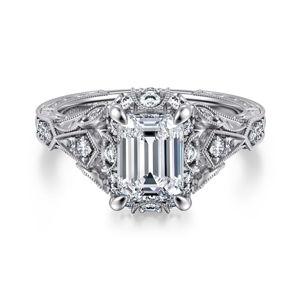 Unique 14K White Gold Vintage Inspired Emerald Cut Diamond Halo Engagement Ring