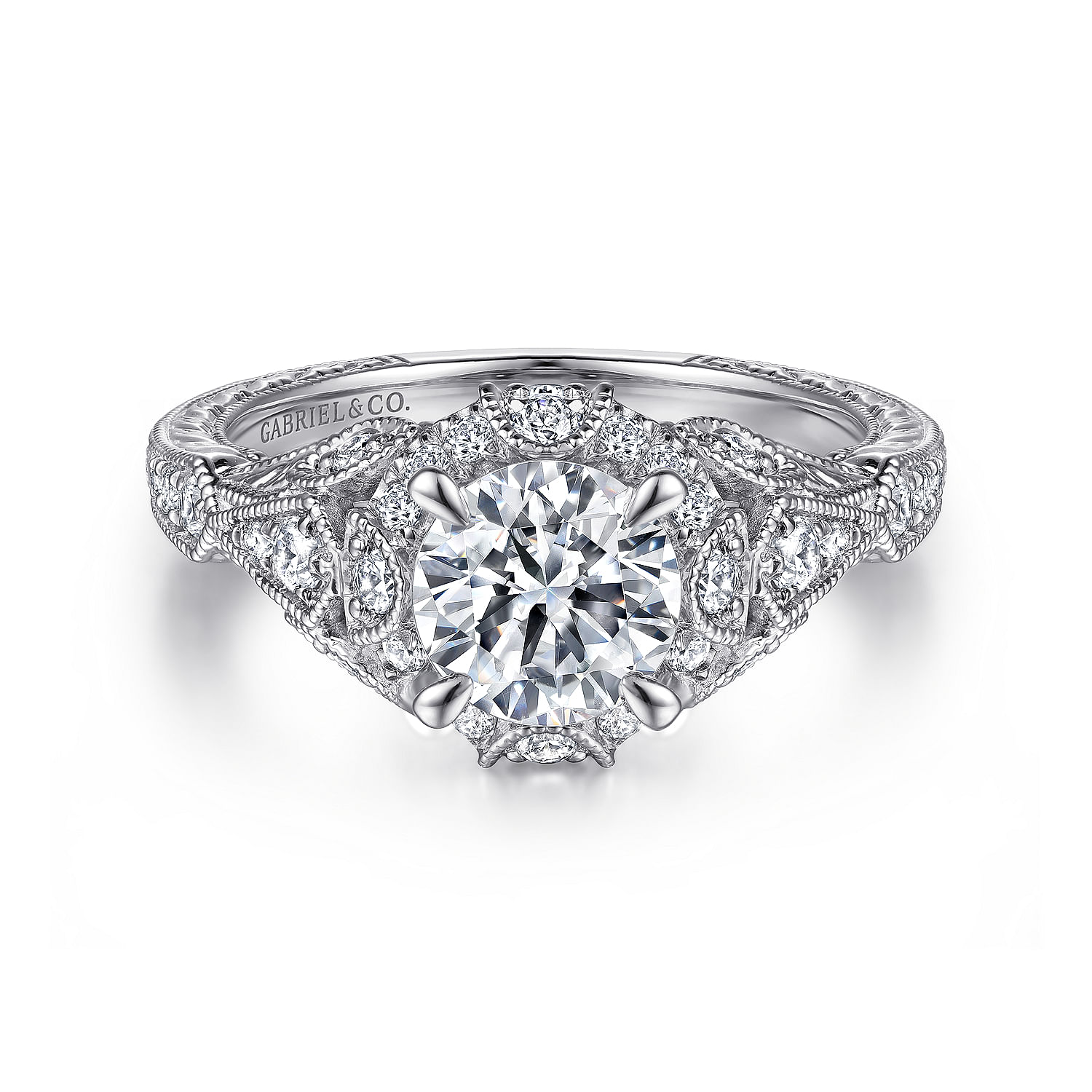 Unique 14K White Gold Vintage Inspired Diamond Halo Engagement Ring @  $2625. Shop Jewelry | Gabriel & Co.