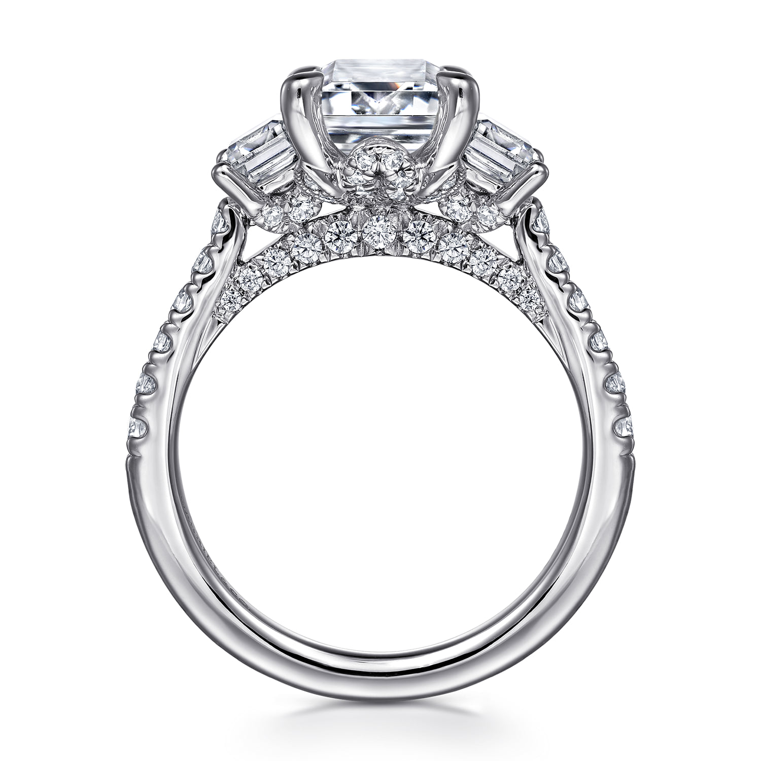 Emerald Three Stone Diamond Engagement Ring in 14K White Gold, photograph 2