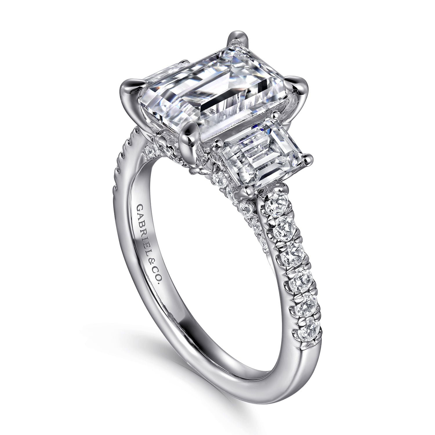 Emerald Three Stone Diamond Engagement Ring in 14K White Gold, photograph 3