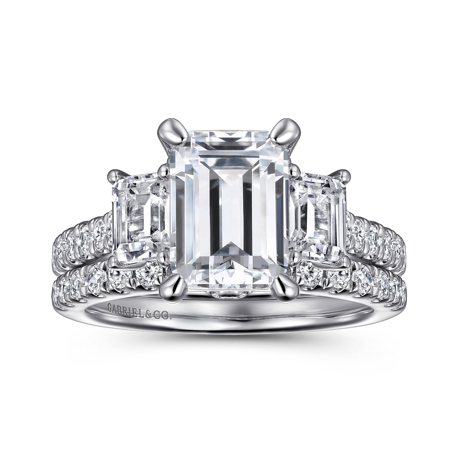 Emerald Three Stone Diamond Engagement Ring in 14K White Gold, photograph 4