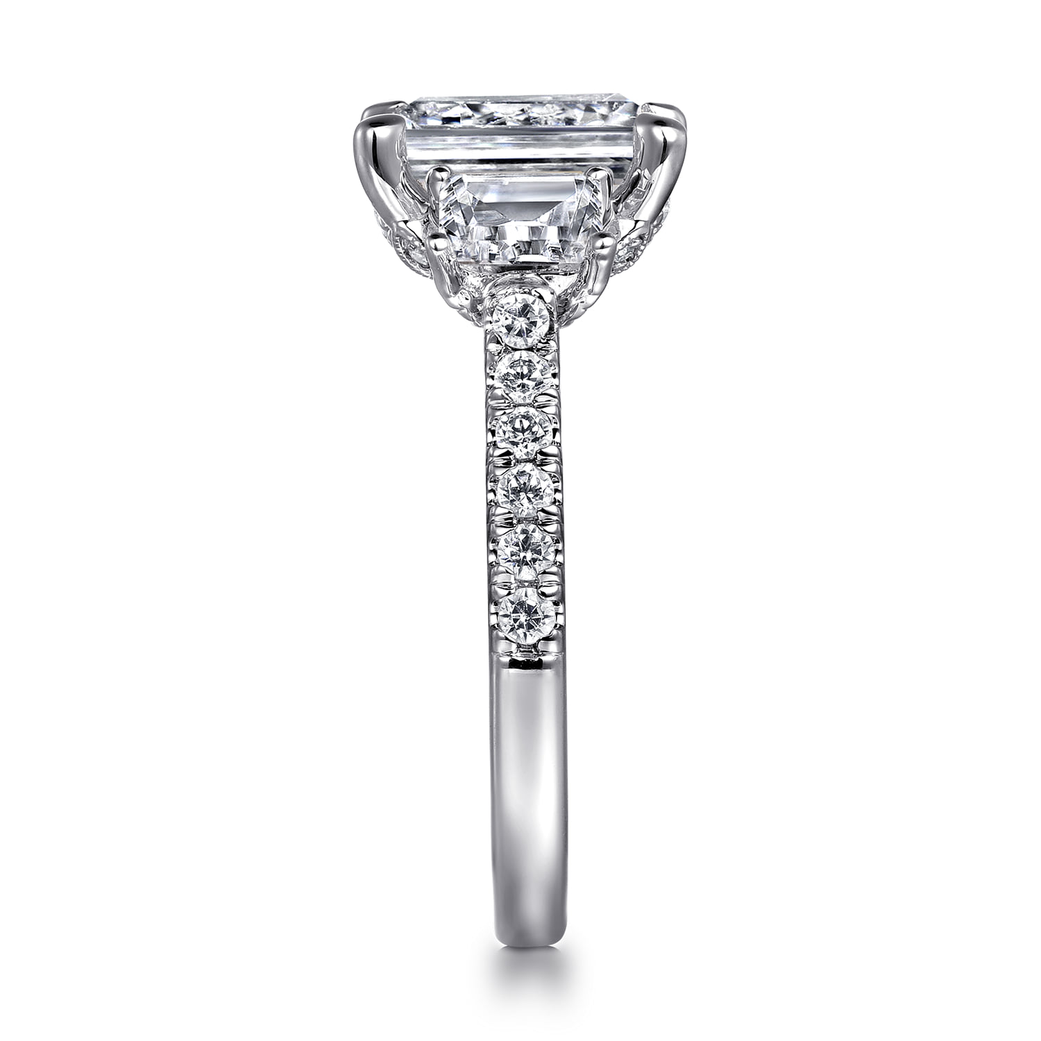 Emerald Three Stone Diamond Engagement Ring in 14K White Gold, photograph 5