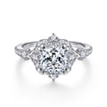 Veronique - Unique 14K White Gold Vintage Inspired Cushion Halo Diamond Engagement Ring