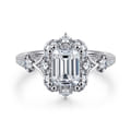 Veronique - Unique 14K White Gold Vintage Inspired Emerald Cut Halo Diamond Engagement Ring