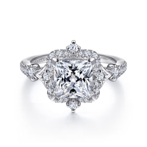 Veronique - Unique 14K White Gold Vintage Inspired Princess Halo Diamond Engagement Ring