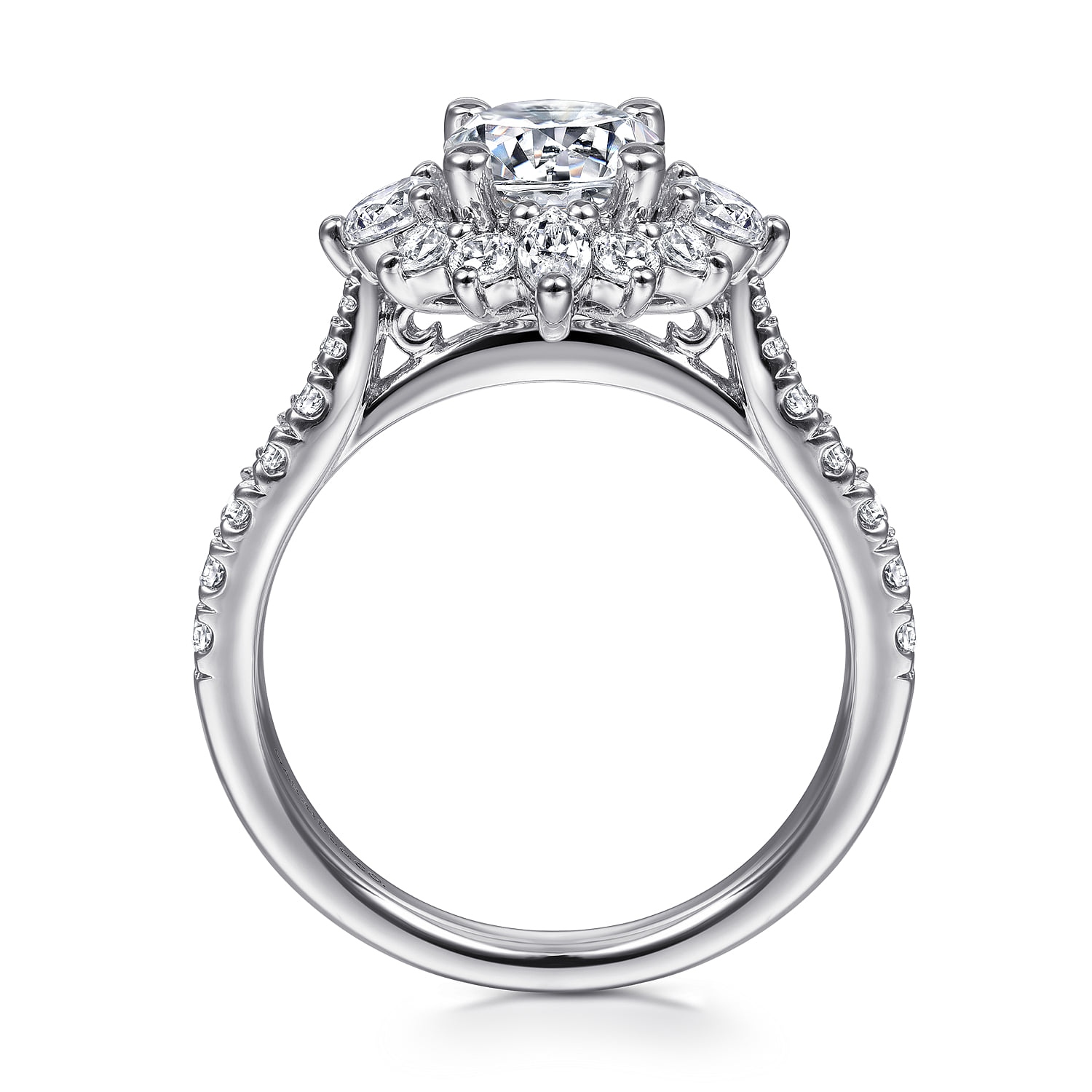 Round Unique Halo Diamond Engagement Ring in 14K White Gold, photograph 2