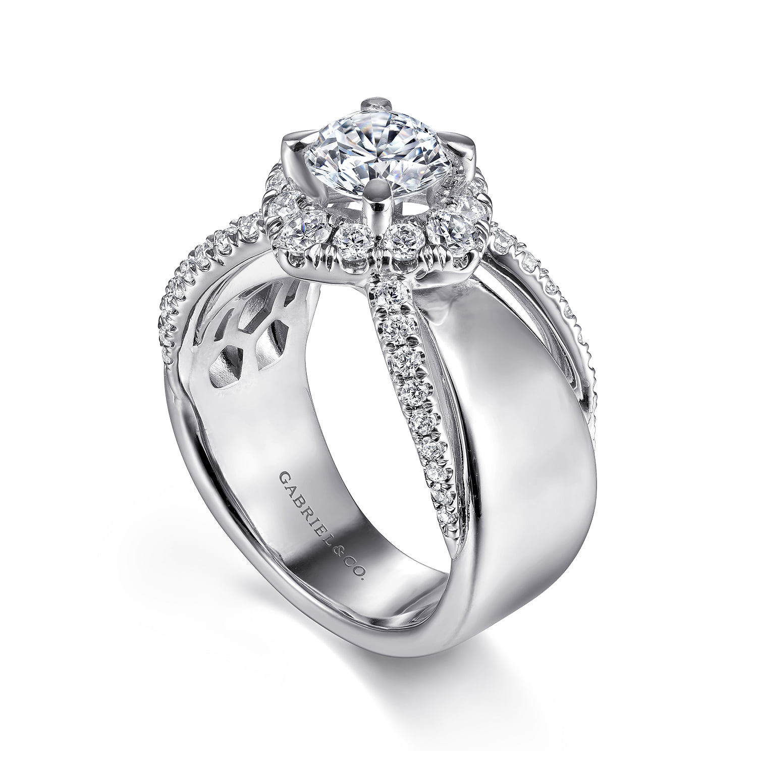 Round Halo Diamond Engagement Ring in 14K White Gold, photograph 3